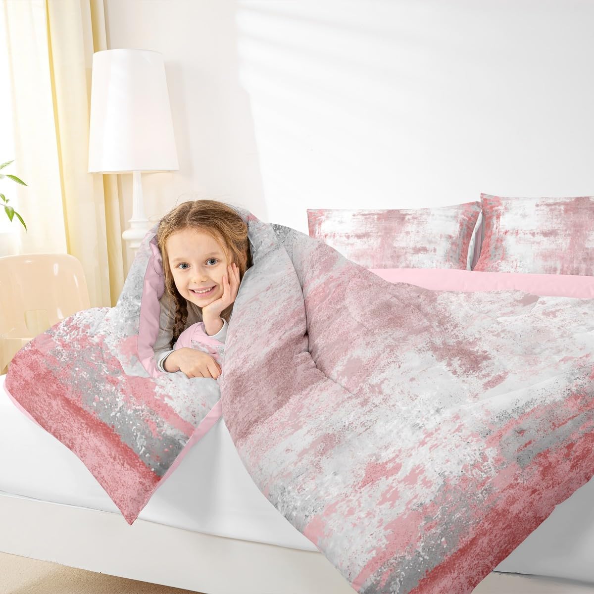 Erosebridal Girls Pink Oil Painting Comforter Set Queen Size Tie-Dye Abstract Duvet Quilt for Children Women Retro Dreamy Grunge Ombre Comforter Lightweight Soft Bedding Set