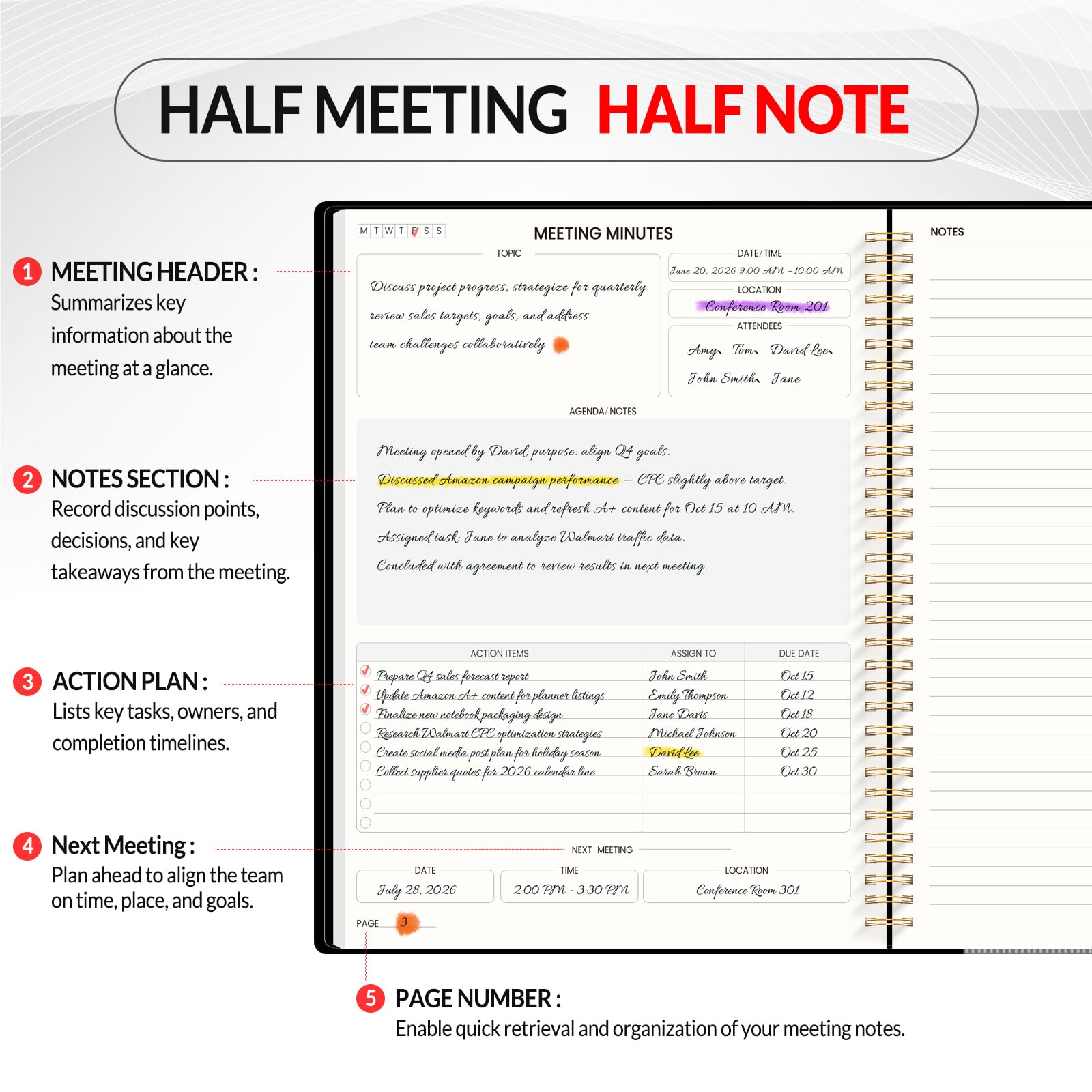 SUNEE Meeting Meeting Mezza Nota 21,6 x 27,9 cm Notebook per Lavoro - 140 pagine, formato A4 Project Planner per donne e uomini, organizer minuti per appunti riunioni, idee per ufficio/lavoro
