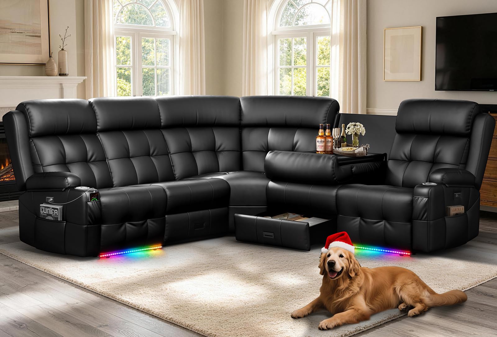 Leather Sectional Couches, 5 Seat L Shaped Reclining Sectional Sofa