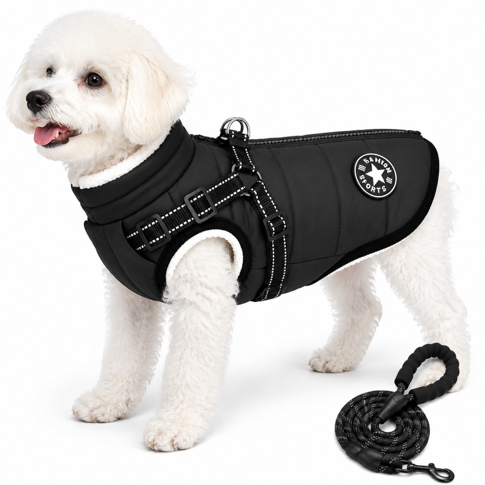 Furry King Dog Coat with Harness, Waterproof Dog Coat for Winter, Warm Fleece Lined Dog Jacket with Reflective Straps, Zip Up Wind Resistant Pet Coat for Small Medium Large Dogs (Black,XL)