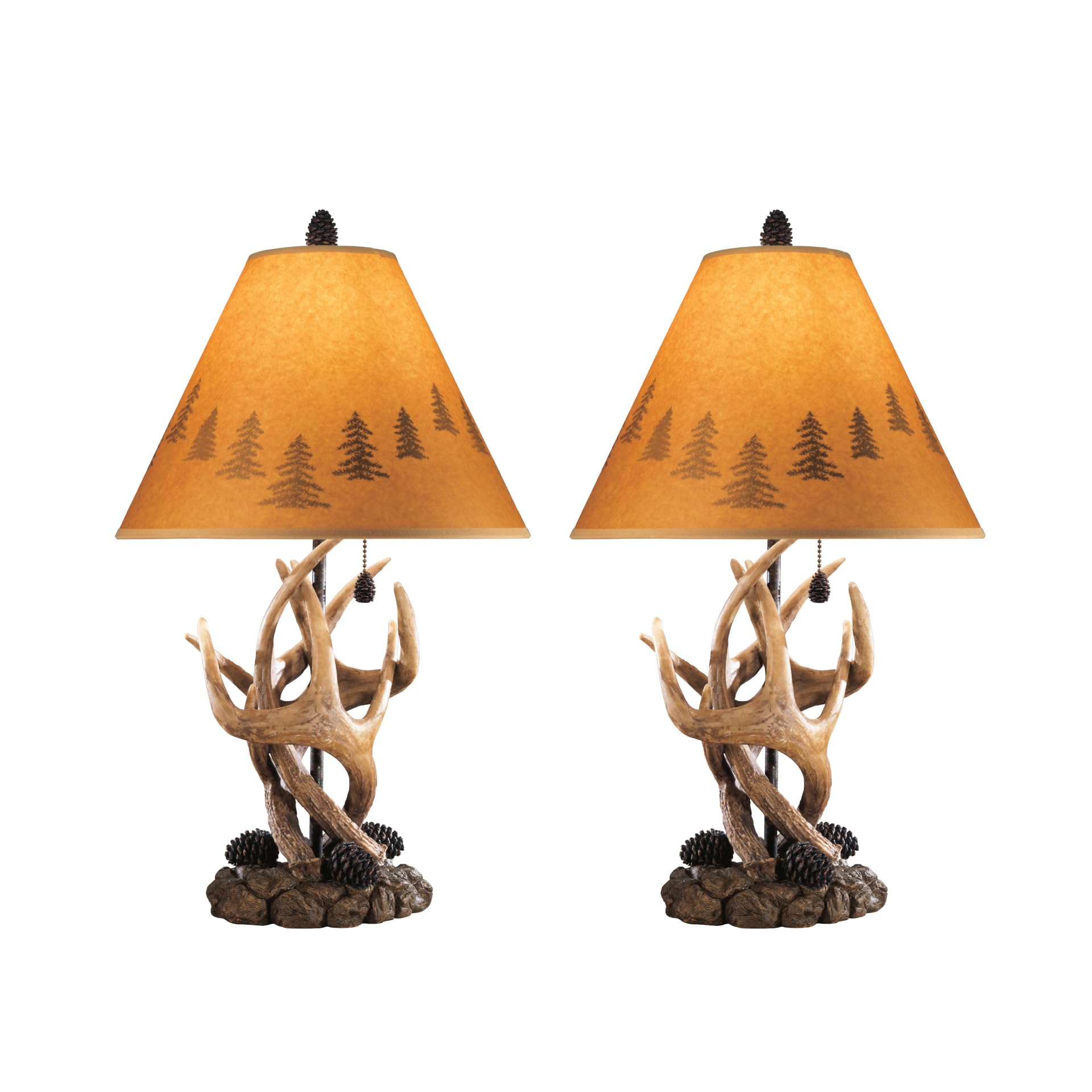Photo 1 of Signature Design by Ashley Derek Rustic Cabin Antler Lamp Set, 2 Count, Paper Silhouette Shade, Pull Chain Switch, 13.88" W x 13.88" D x 23.75" H, Brown