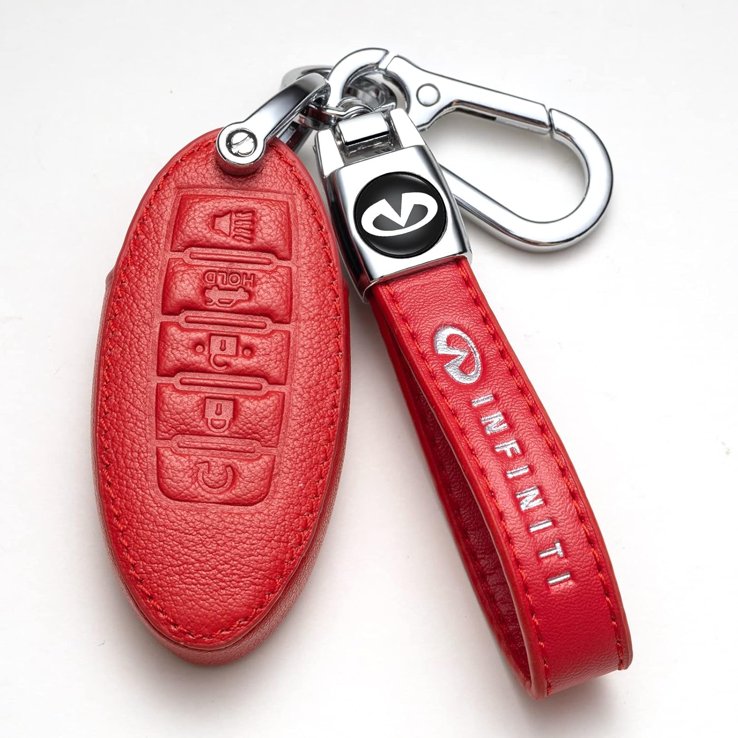 Key case for Infinity ,Key Fob Cover Leather Key Holder Remote Key Protection Case Suit for Infiniti g35 qx56 fx35 q50 g37 m35 qx60 i35 qx80 q60 qx30 5 Buttons for Man and Women, Models B Red