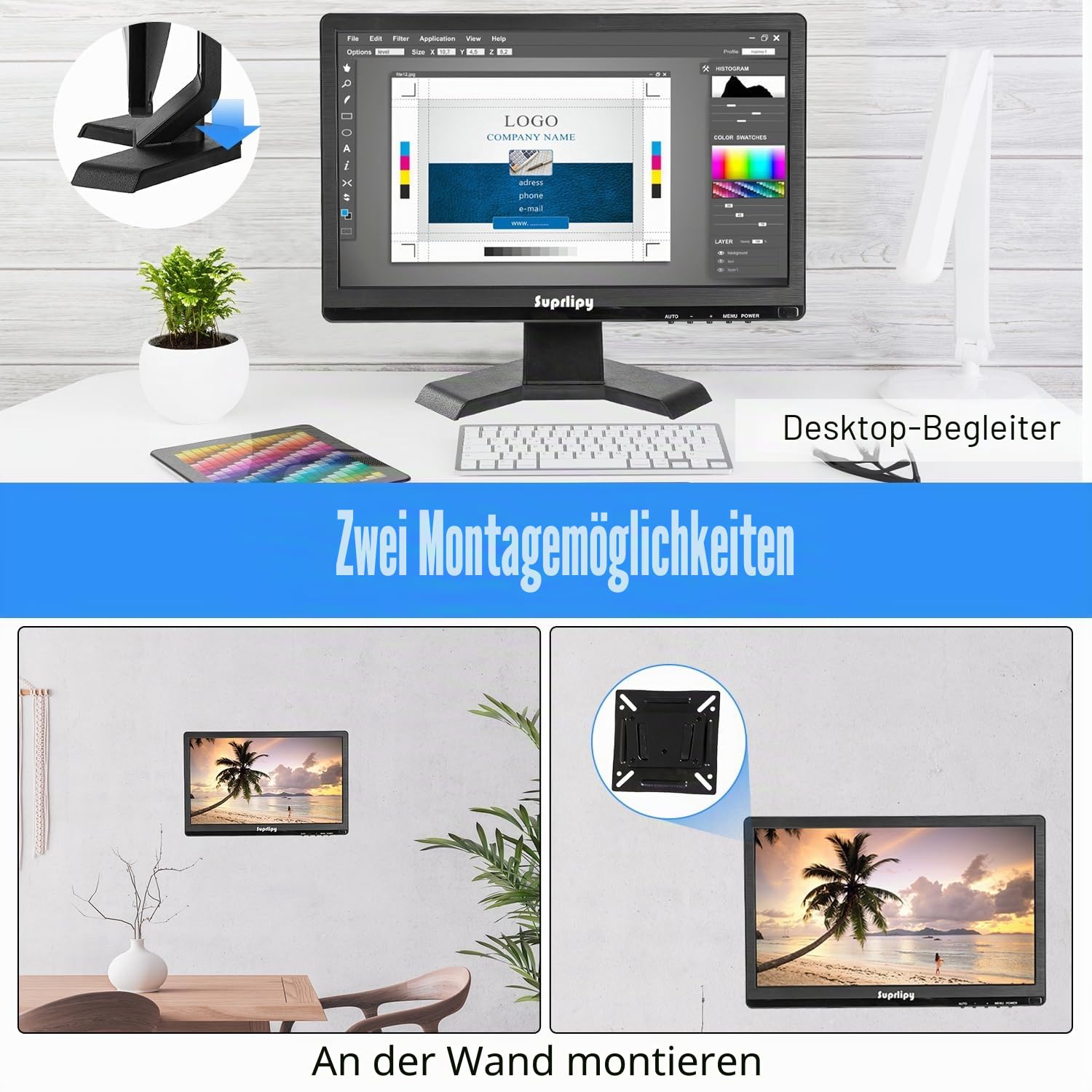 15,6 Zoll FHD Kleiner IPS-Monitor LCD-Bildschirm 1920x1080 60Hz 16:9 mit BNC VGA AV-Eingang Eingebaute Lautsprecher für CCTV-Überwachungskamera DVR PC RasPi