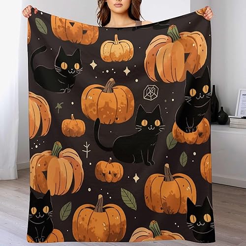 Miniatura 7 de Manta de calabaza de gato negro de Halloween para otoño, Halloween, manta suave y cálida de 50 x 60 pulgadas, manta súper suave y acogedora para