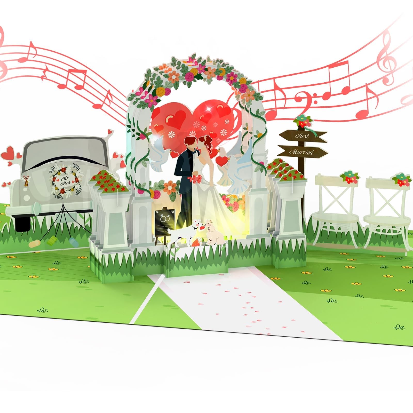 Joyoldelf 3D Pop-Up Wedding Card - Personalized Wedding Day Card with Light & Music, Romantic Car & Arch Design - Unique Greeting Cards for Bride and Groom, Newlyweds, Anniversary, Couple Celebration