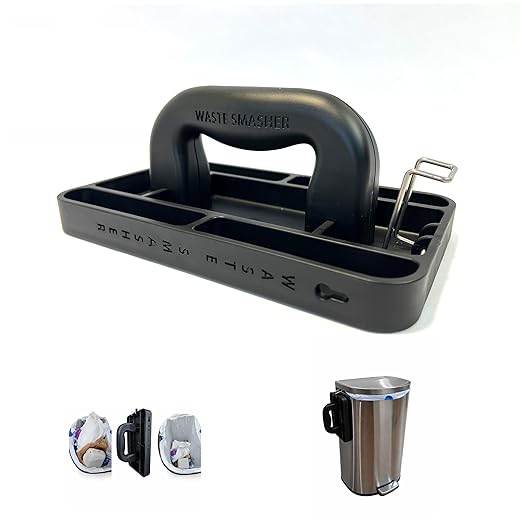 Manual Trash Compactor Tool - Hand-Held Garbage Press with Built-in Hook - for Kitchen Waste Bin - Space Saving Design - No Batteries Required - Freestanding - Black