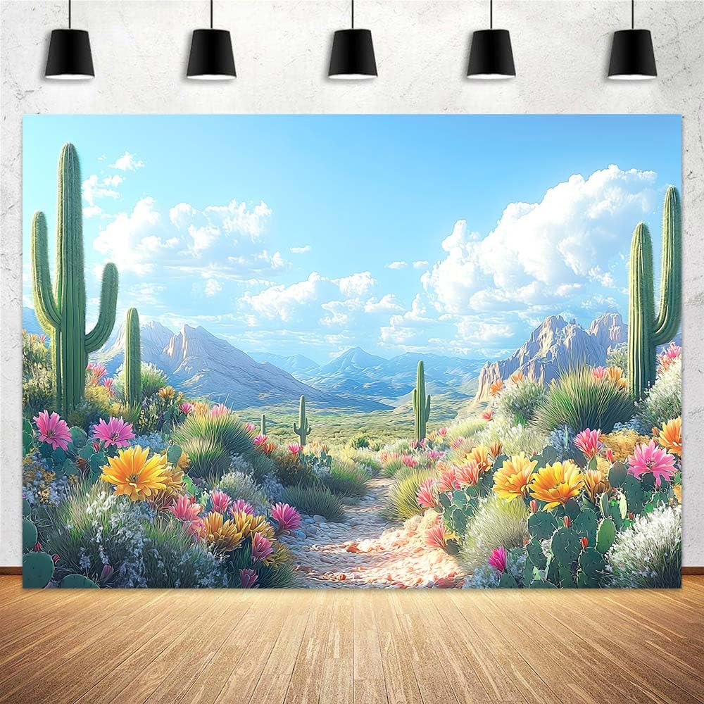 12x10ft Spring Western Scenery Banner Backdrop Cactus Desert Wildflowers Western Movie Scenery Wild West Events Background Party Decoration Cake Table