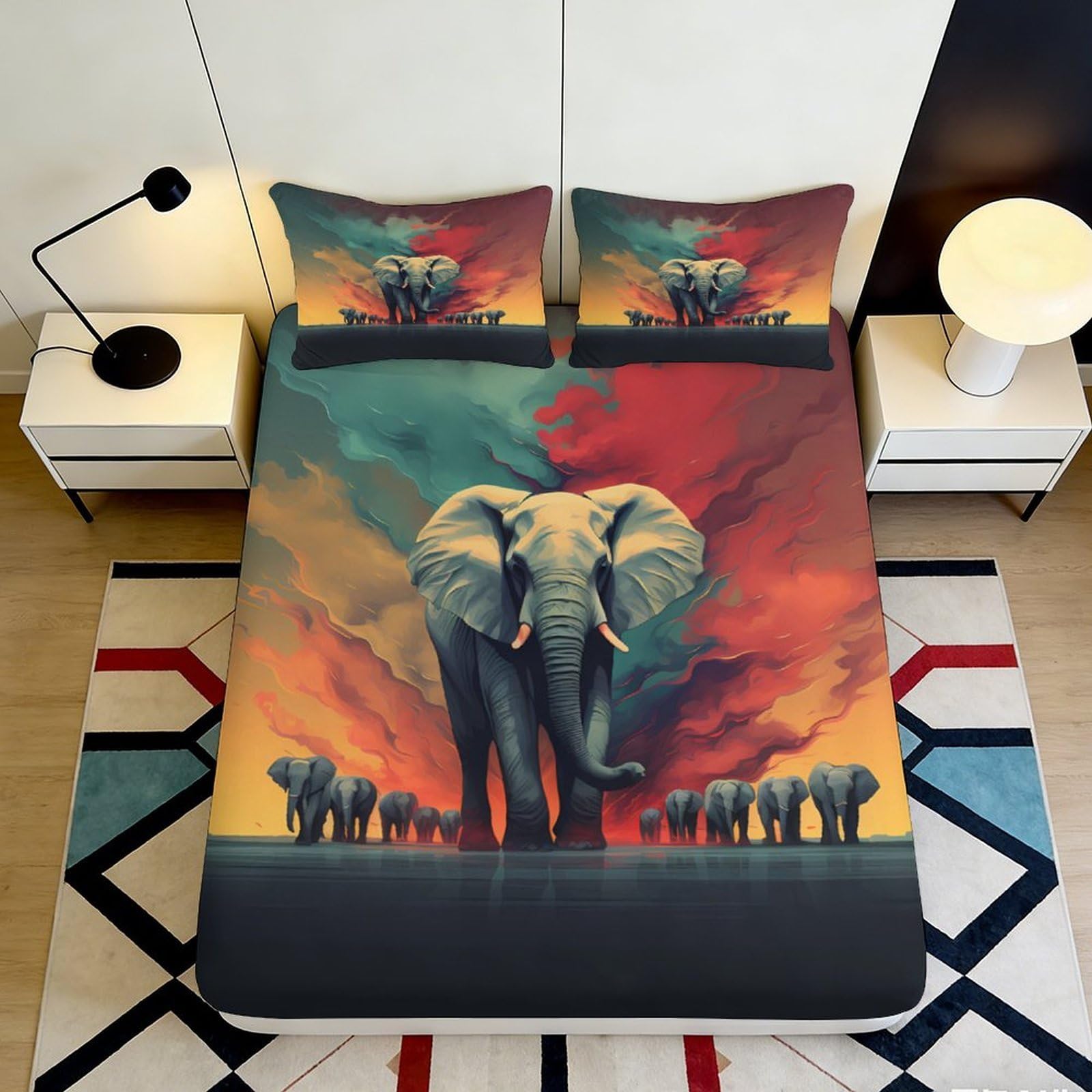 Pnayamiorkfel Style-4 3D Printed Elephant Herd Fitted Sheet Microfiber Colourful Abstract Mattress Cover For Bedroom Guest Room Decor 90X200x25cm