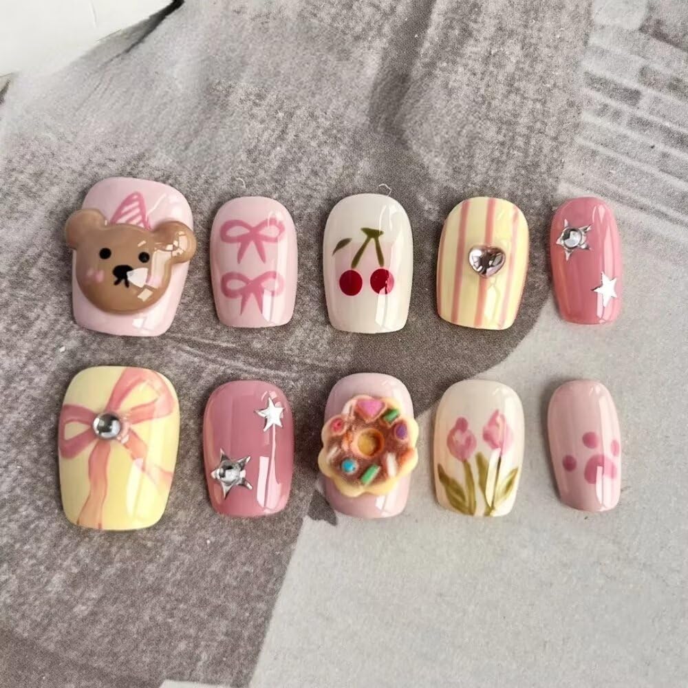 MAGLFELL Press On Nails Handmade Short Square Nails, 3D Cute Glossy Art Designs Fake Nails, Reusable Acrylic Artificial Stick On Nails, 10 Pcs False