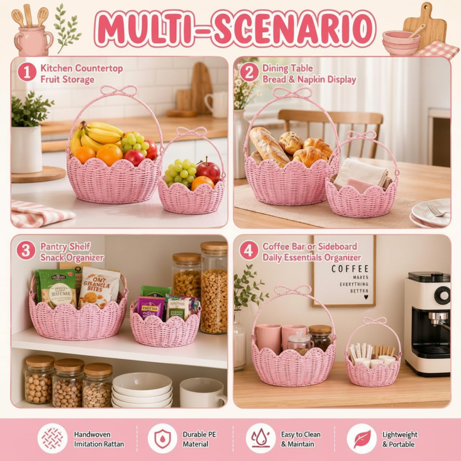 FoldTier 2 Stück rosa Oster-Geschenkkorb leer mit Griff, gewebtes Papierseil, Osterkorb zum Verschenken, Aufbewahren, Versammeln, Futtersuche, Gartentrug, Dekoration, groß und mittelgroß, 30,5 x 25,4