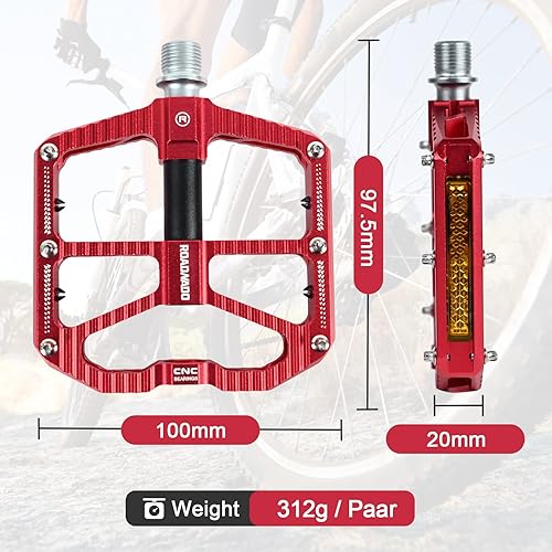 Miniatura 2 de ROADNADO Bicycle Pedals 3 Bearings Bike Pedals Flat Pedals Aluminum Alloy Bicycle Pedal with 2 Reflective Boards MTB Pedals Lightweight Non-Slip