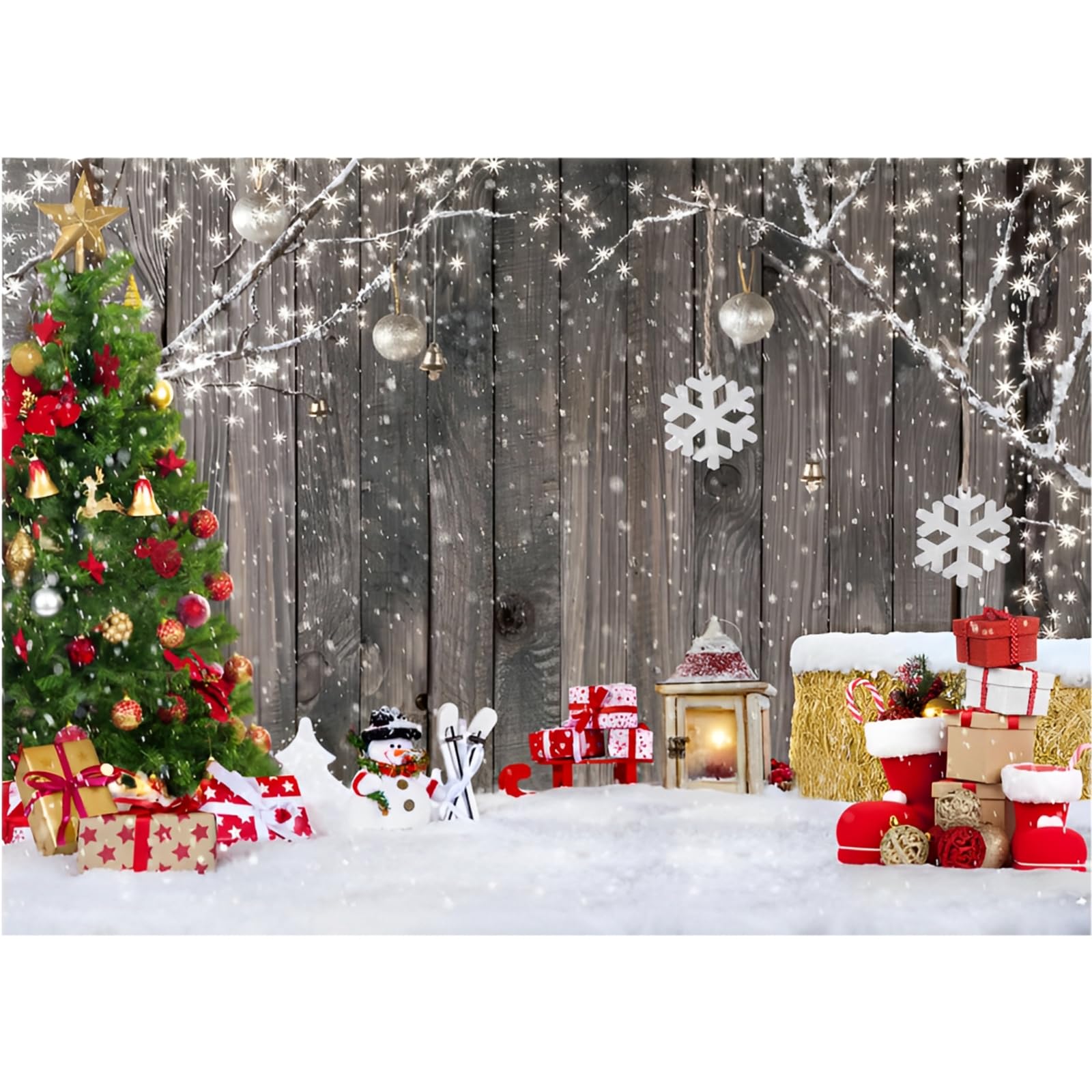 HOTIYOK 7x5ft Christmas Backdrops for Photography Grey Wooden Wall Photography Backdrops Winter Snow Xmas Tree Gifts Decor Background Banner Family Holiday Party Supplies Photo Studio Props Pictures