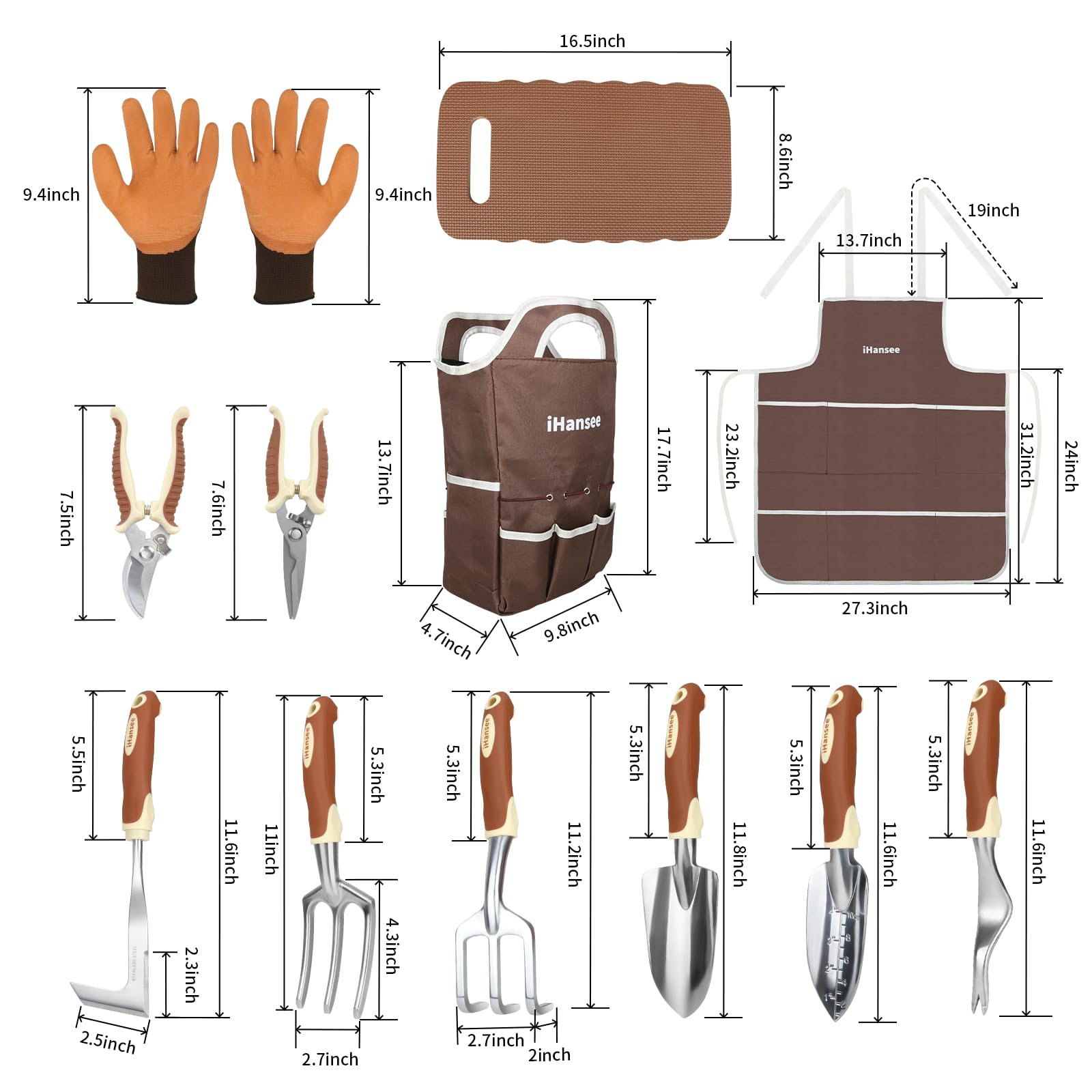 Braunes Gartenwerkzeug-Set, 12-teilig, robustes Garten-Handwerkzeug-Set mit rutschfestem ergonomischem Griff, Aufbewahrungstasche, Gartenschürze, Handschuhe und Kniepolster, Gartengeschenke für Frauen