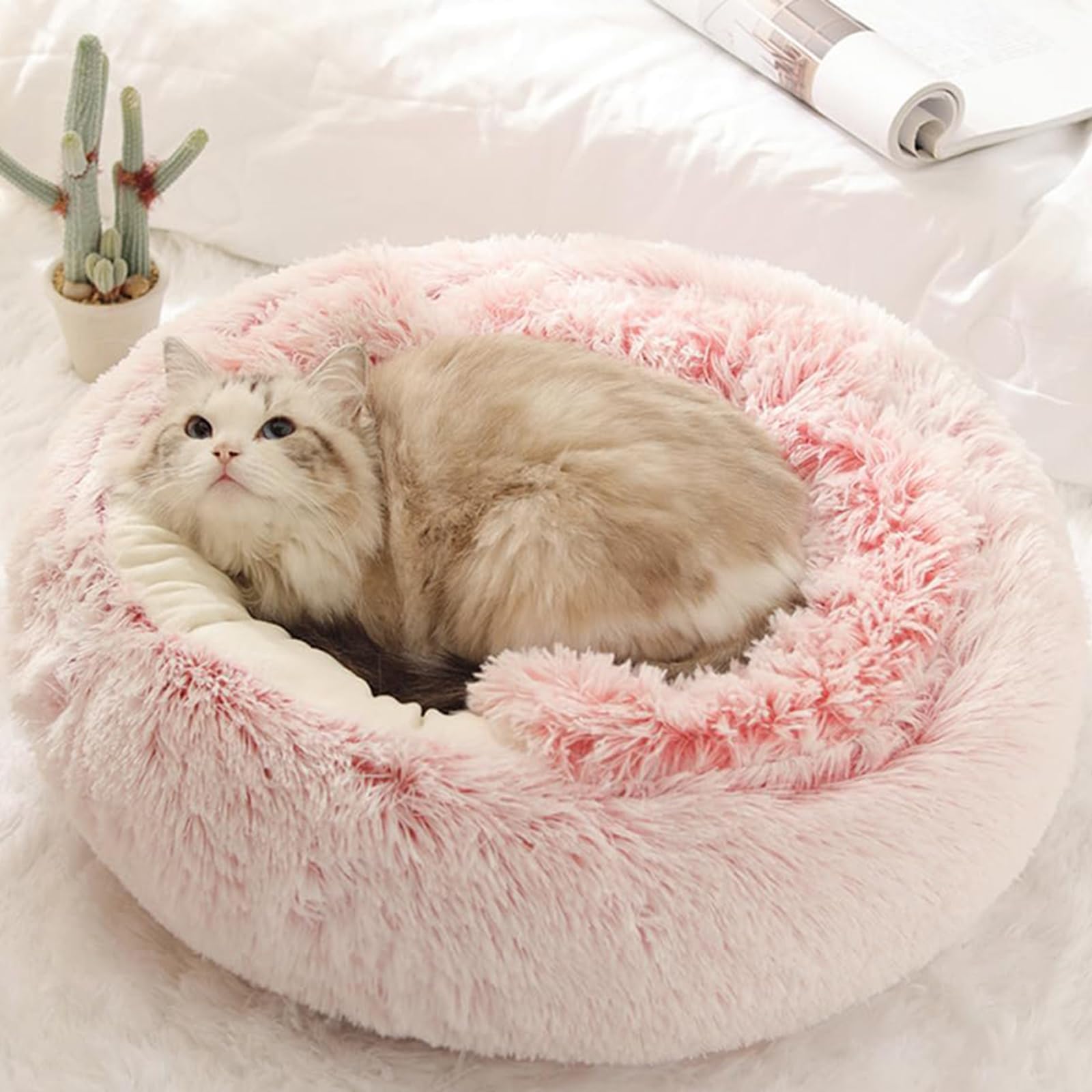Beskie Calming Dog Bed & Cat Bed, Fluffy Plush Puppy Cushion, Kitten Cave, Small Dog Donut Cave, Indoor Cat Sleeping Bag - Image 2