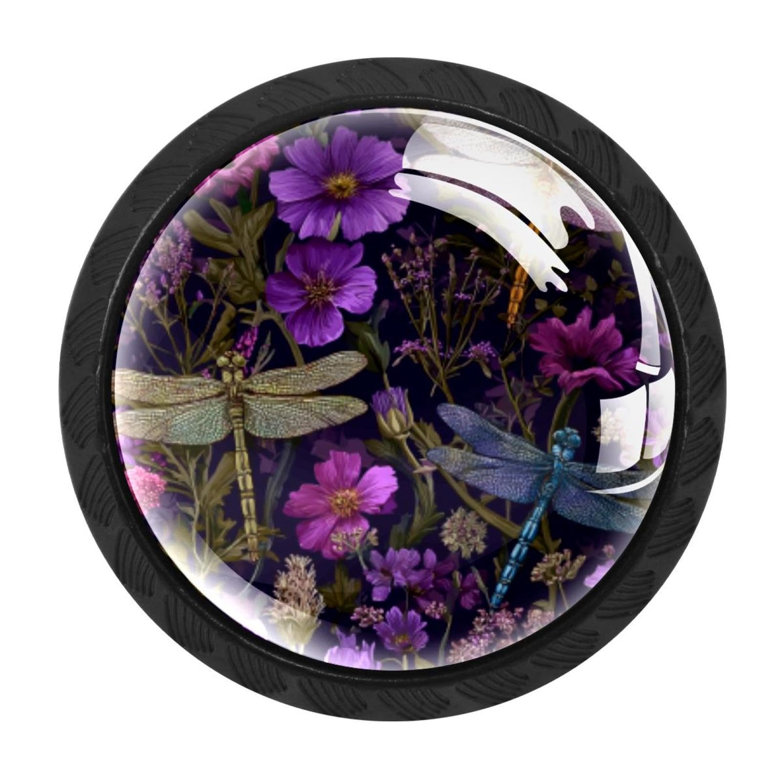 CHENZZZZ 4 pcs Purple Dragonfly Wildflowers Floral Herb (2) Drawer Knob Pull Handle Crystal Glass Cabinet Drawer Pulls with Screws for Home Office Cabinet Cupboard