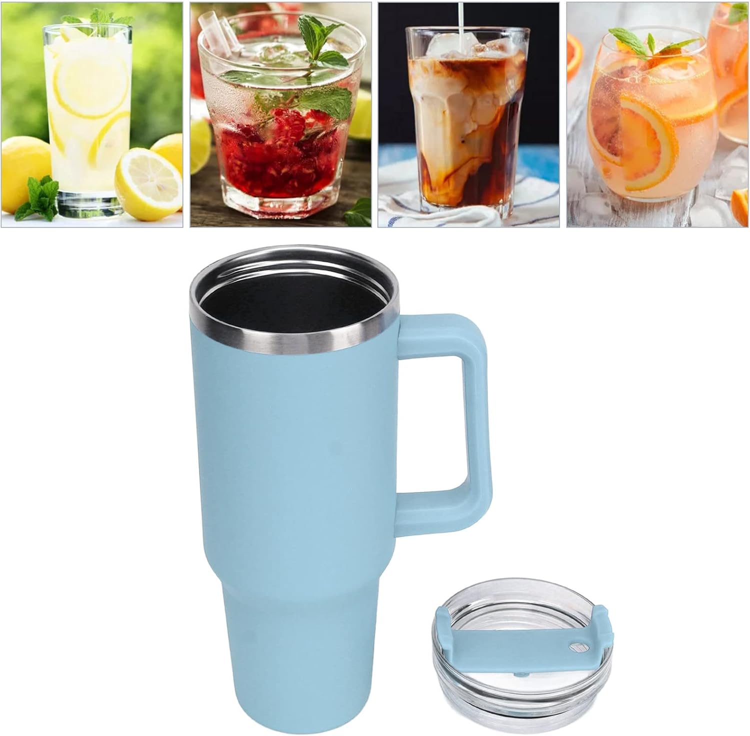 Jiawu 40oz Tumbler with Handle and Straw, Stainless Steel Insulated Water Bottle, Coffee Mug with Leak Proof Lid, Reusable Travel Mug for Hot and Cold Water, Iced Tea or Coffee (Light Blue)