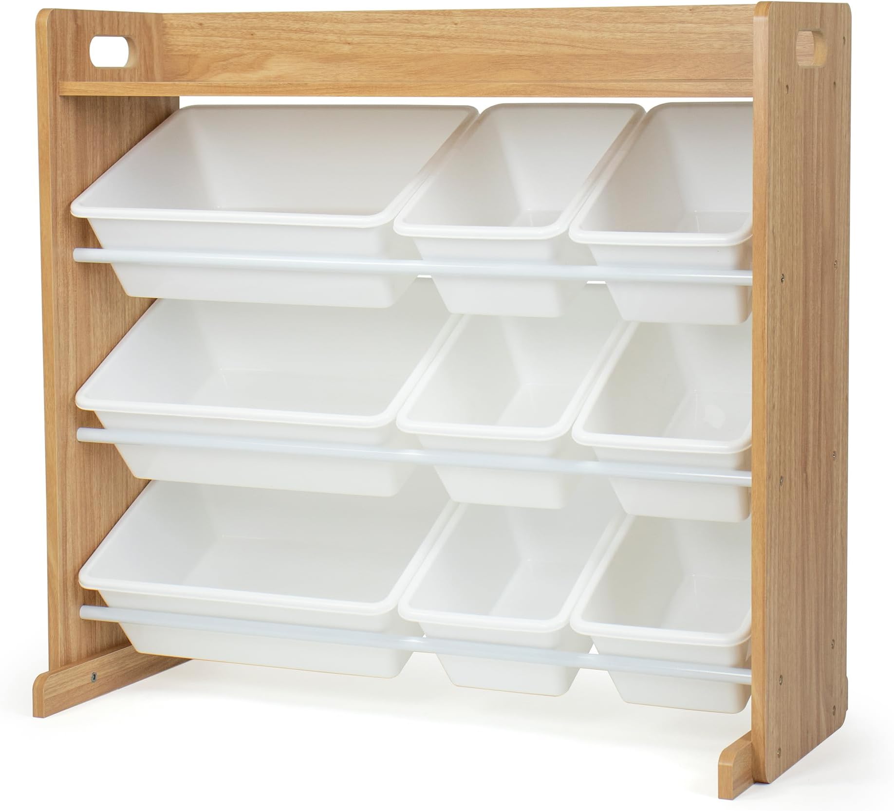 Toy Storage Organizer with 9 Removable Storage Bins for Kids Playroom, 3-Tier with Top Shelf Toddler Toy Organization, Natural Wood/White