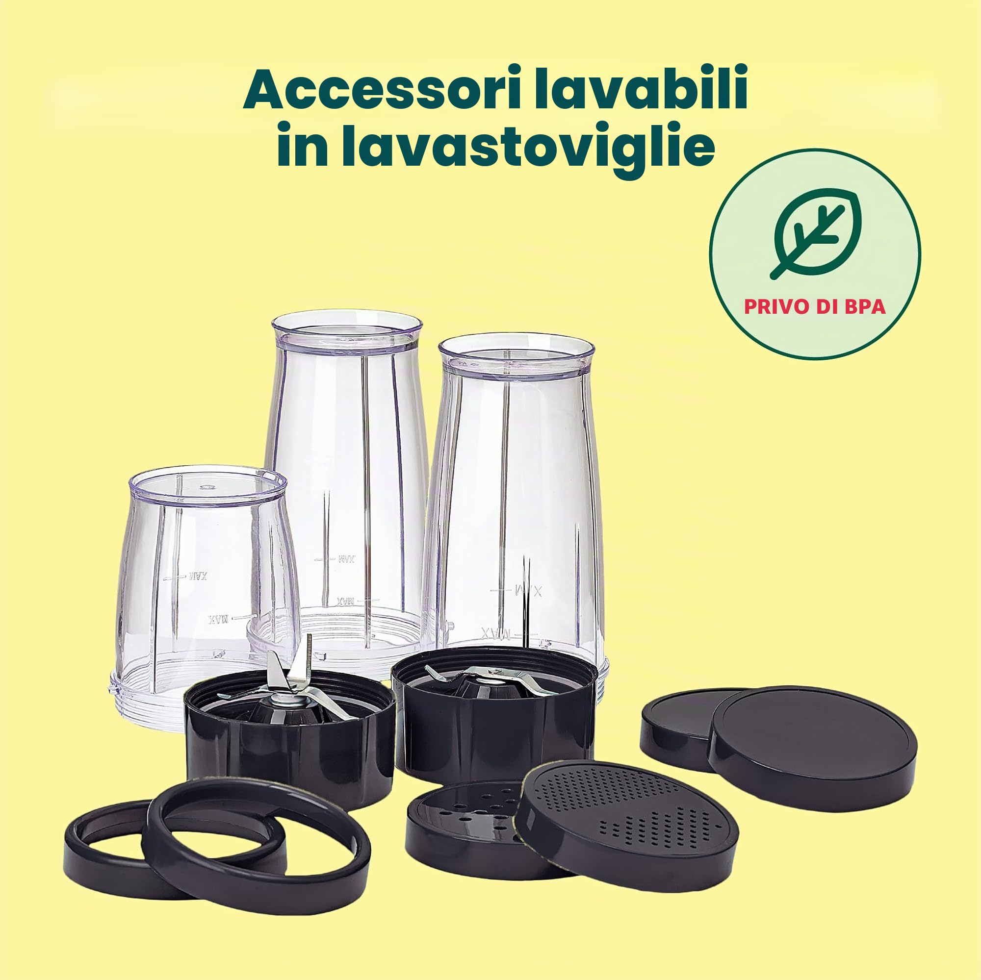 bella Mini Frullatore Elettrico Portatile Rocket in Acciaio Inossidabile, Set da 12 Pezzi, Mixer e Tritatutto per Smoothies, Frullati e Salse, 240 Watt, Nero