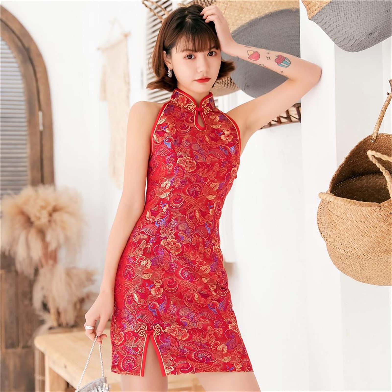 YZDKJ Vintage Button Chinese Dress Women Exquiste Embroidery Qipao Big Size Cheongsam (Color : Red, Size : XXL)