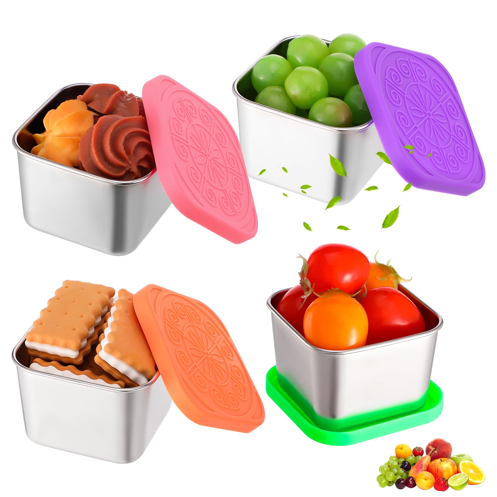 saerryor 4 Pcs Snack Pots,180ml Stainless Steel Food Storage Containers Portable Kids Snack Box with Silicone Lids Leakproof Small Metal Bento Box for School Work Travel