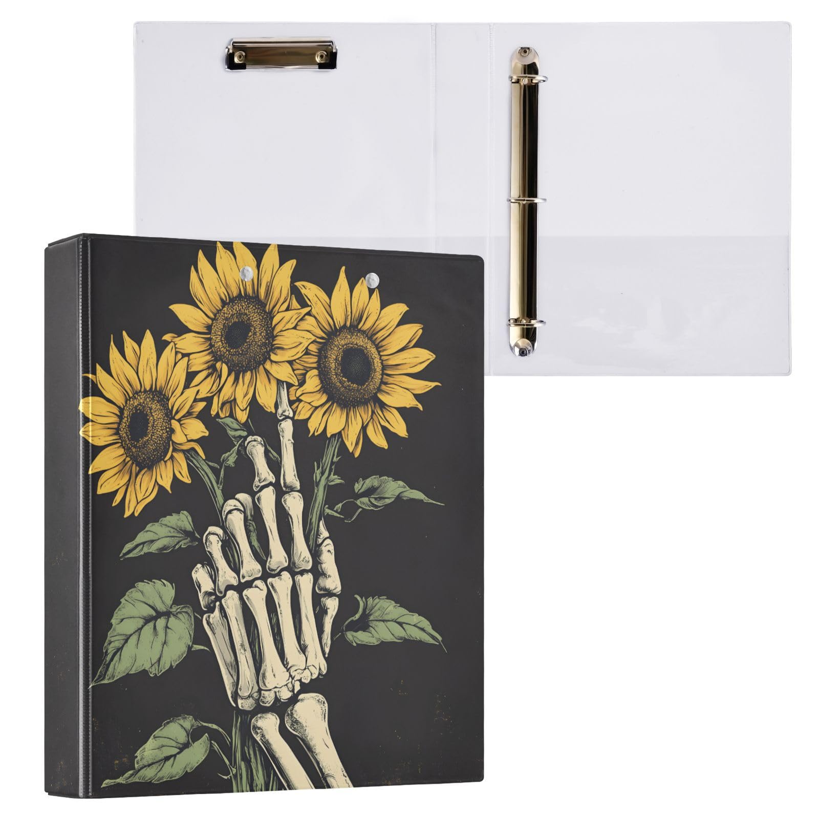 Confezione da 2 raccoglitori a 3 anelli, con teschio e mano di girasole, 3,8 cm, con 3 tasche trasparenti, portablocco e contiene 200 fogli, per ufficio, scuola, organizzazione domestica