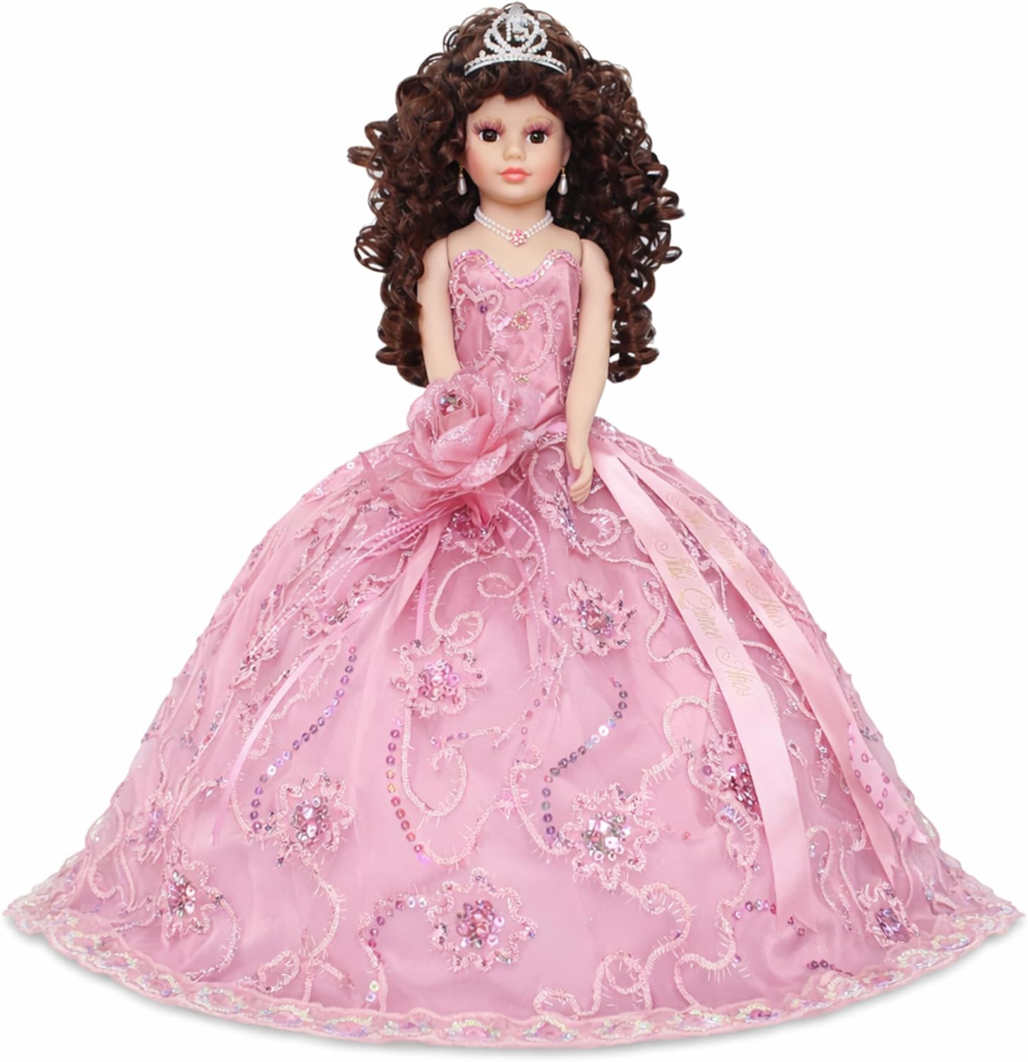 18” Quinceañera Last Doll with Umbrella Dress Stand – Última Muñeca Mis Quince Años Keepsake, Traditional Hispanic Mis 15 Doll, Ceremony & Table Centerpiece, Fully Accessorized KK18725-30 (Rose Gold)