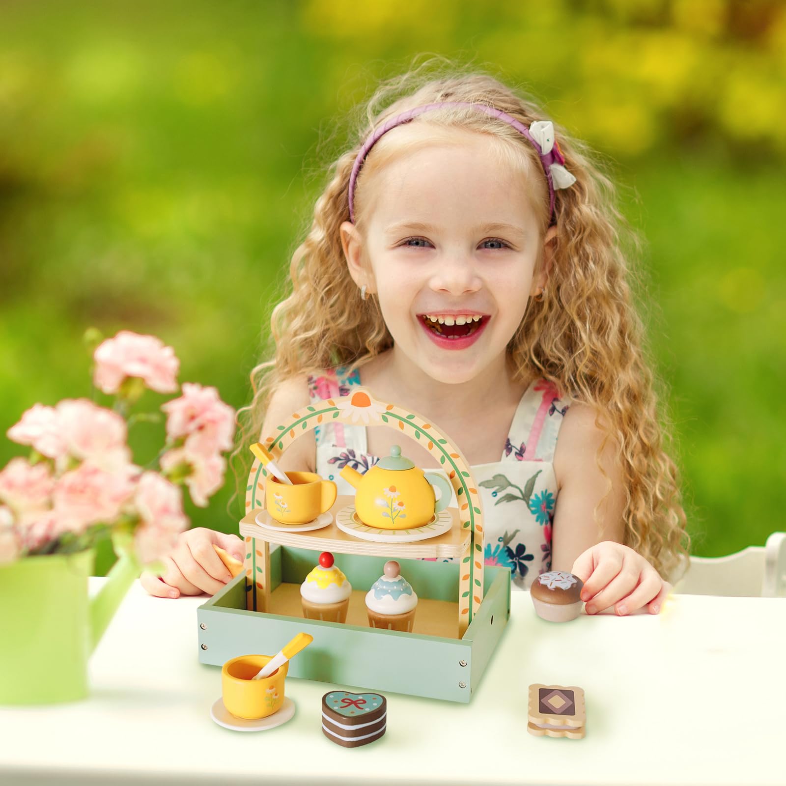Service à Thé pour Enfants,Service à Thé Jouets,Jouet de Cuisine Faisant Semblant avec Support à Gâteaux,Jouets en Bois pour Tout-Petits de 3 à 5 Ans pour Pâques Noël Cadeau Anniversaire