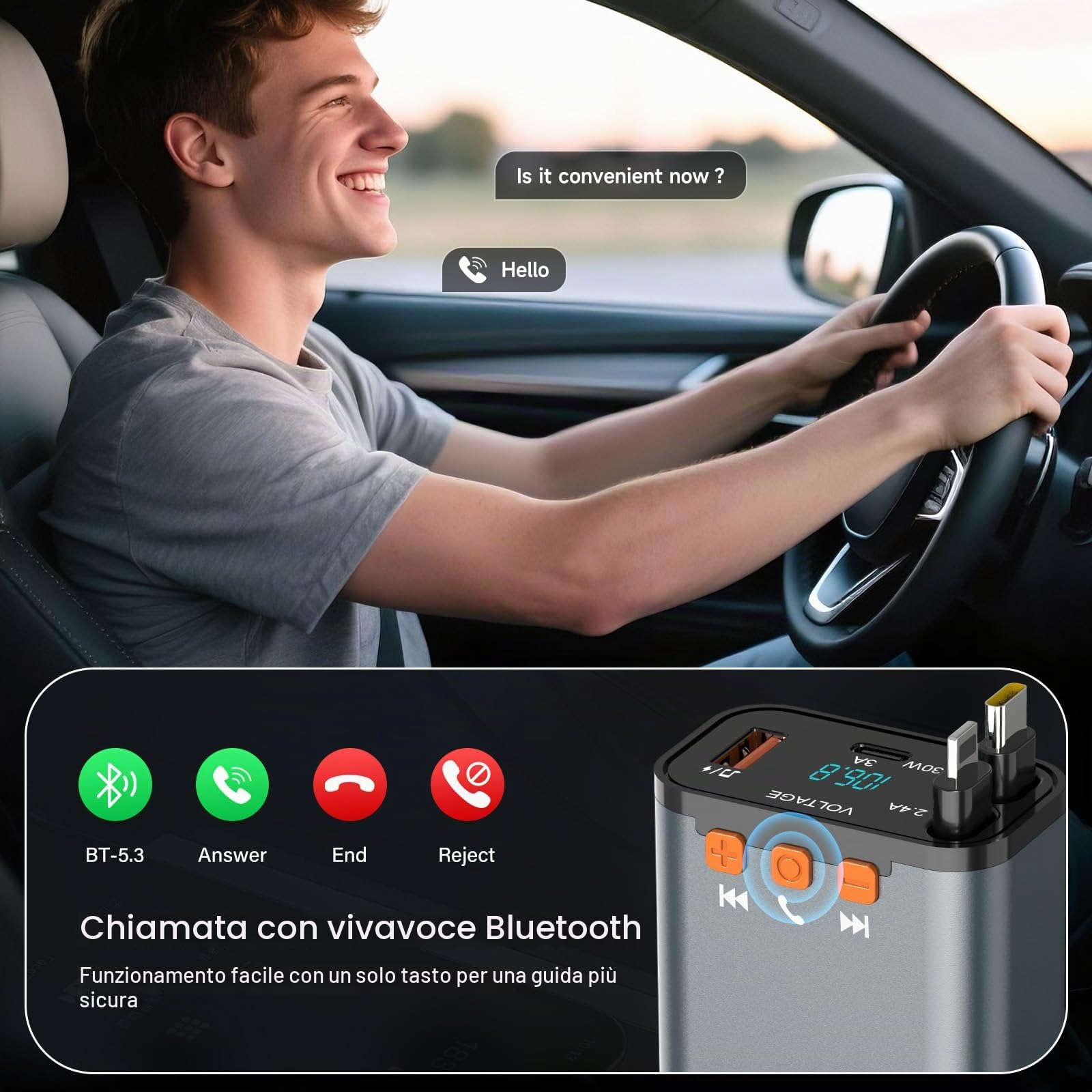 SEANCHEER Adattatore Bluetooth Auto & Accendisigari USBC, 69W Caricatore Auto con 2 Cavi Retrattili, Trasmettitore FM Bluetooth 5.3 (USB-C+Lightning)