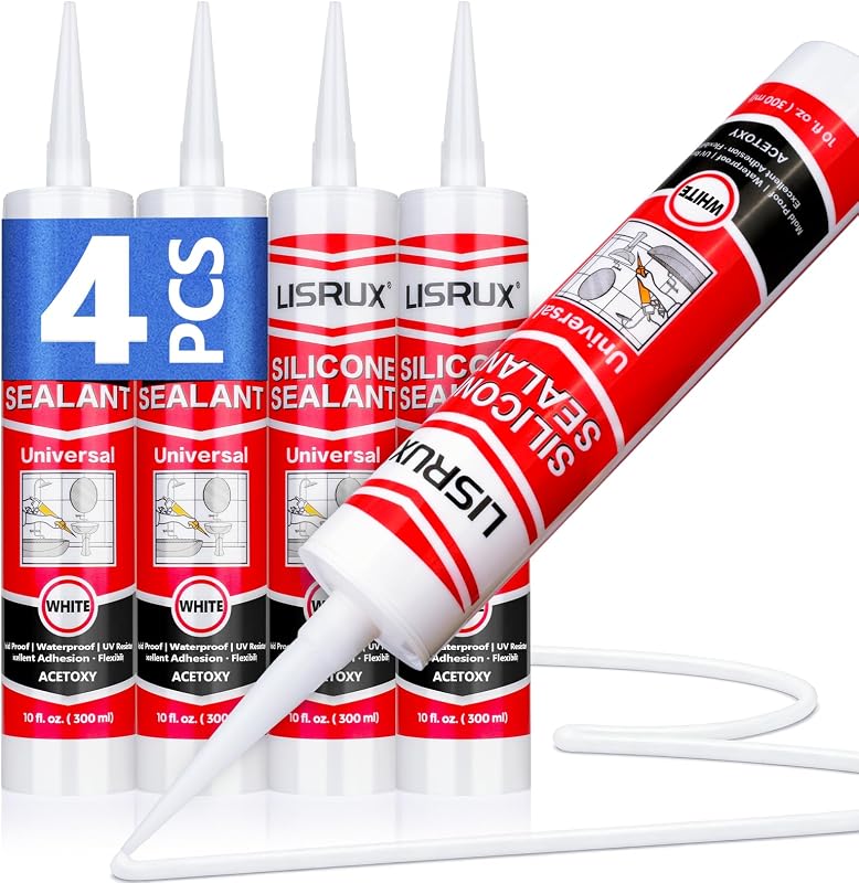 LISRUX Supreme Silicone Caulk for Kitchen & Bathroom, White, 10 fl oz Cartridge, 4 Pack - 100% Waterproof Silicone Sealant, Stronger Adhesion, Shrink & Crack Proof