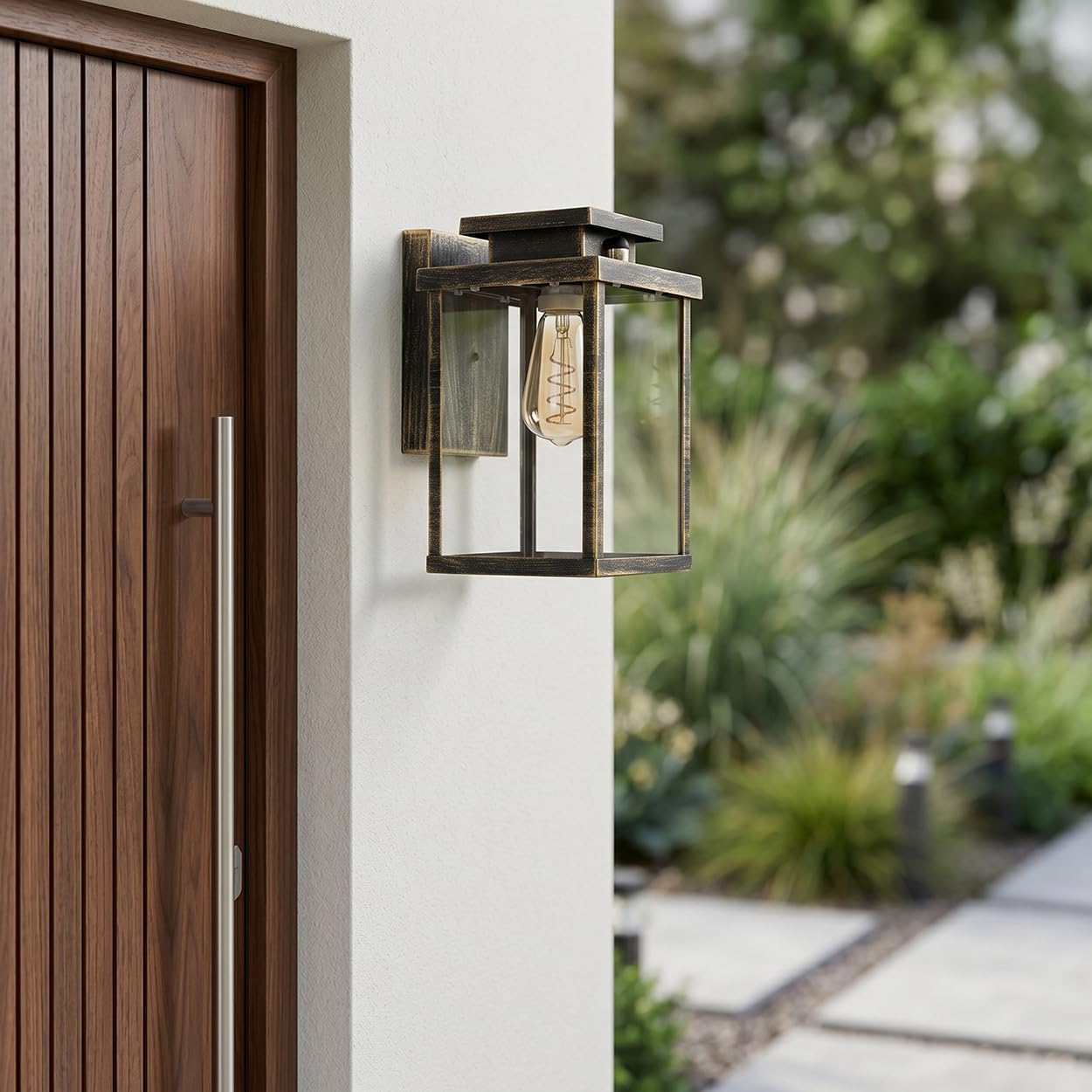 Zewnętrzna lampa ścienna Tieva z czujnikiem ruchu metal/szkło w kolorze brązowym/złotym/jasnym, lampa zewnętrzna skierowana w dół z efektem świetlnym, IP44, bez żarówki