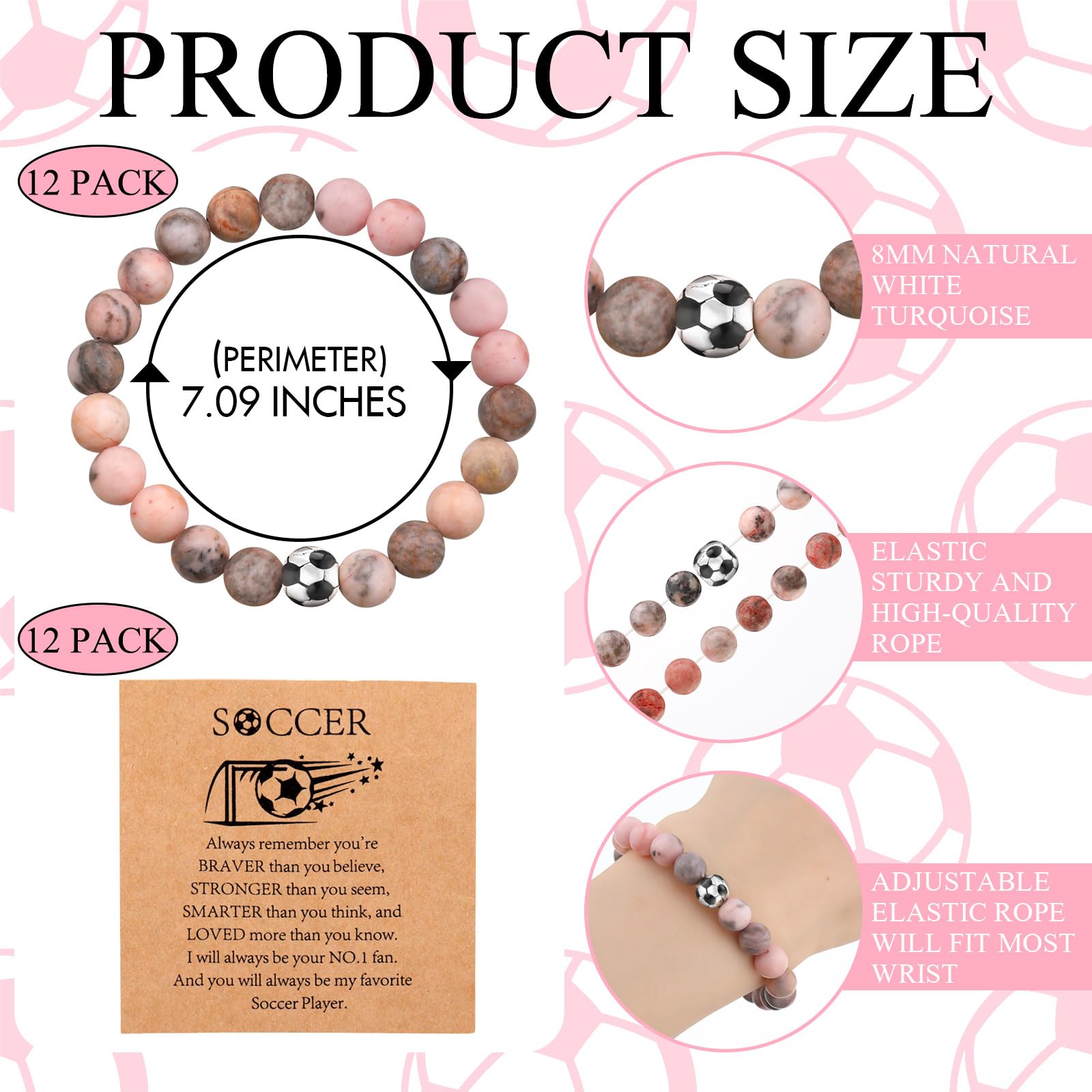 Ecation 12 Pcs Sport Bracelets Team Gift Lava Stone Black White Beaded Bracelet with Inspirational Card for Sport Party Favor(Soccer)