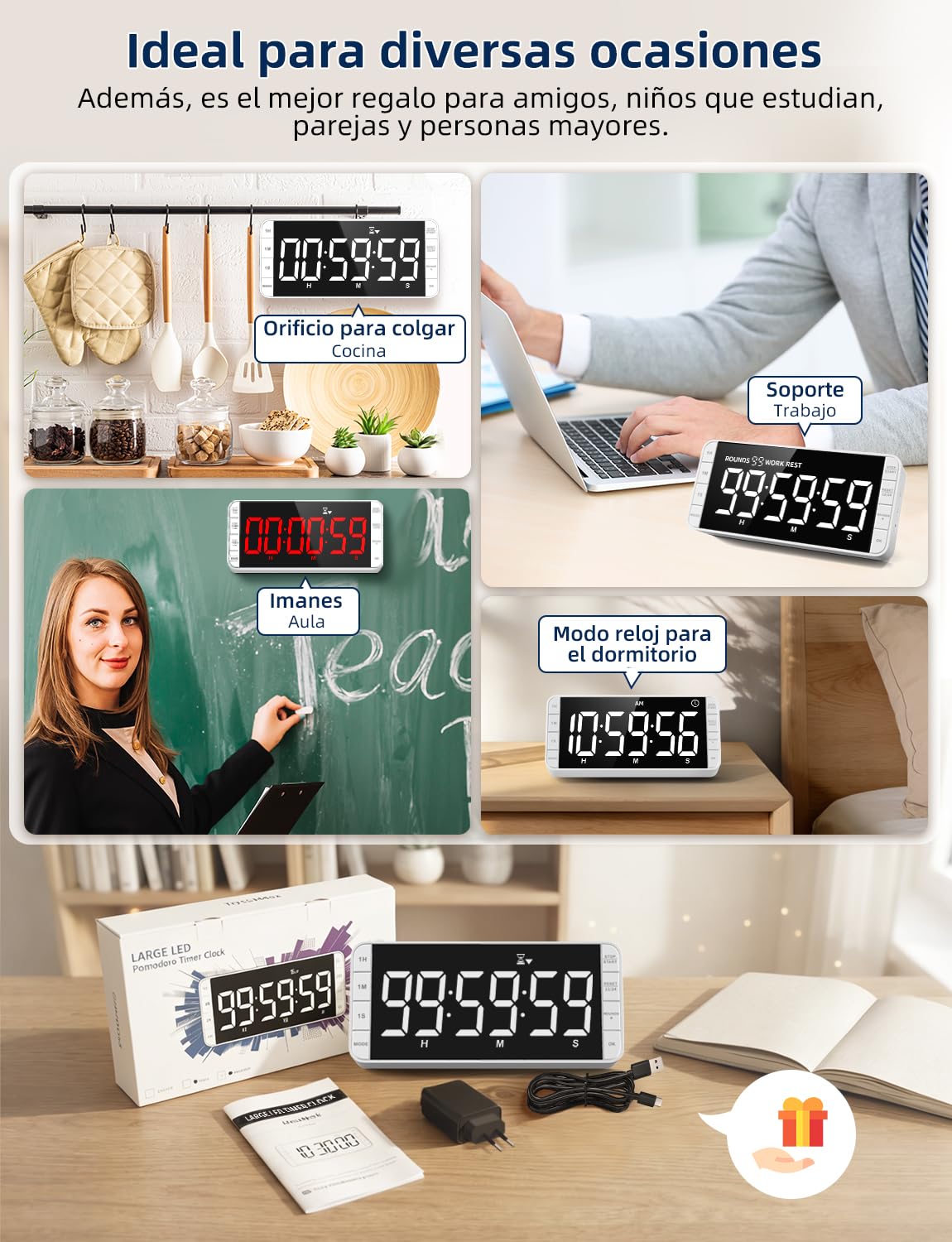 Temporizador Cocina: 99h 59min 59sec, Cuenta reg./Prog., Recargable, Digital con intervalos, LED 7.8'' Grande, 3 Brillos, 5 alarmas, 4 volúmenes, magnético para aulas (Blanco)