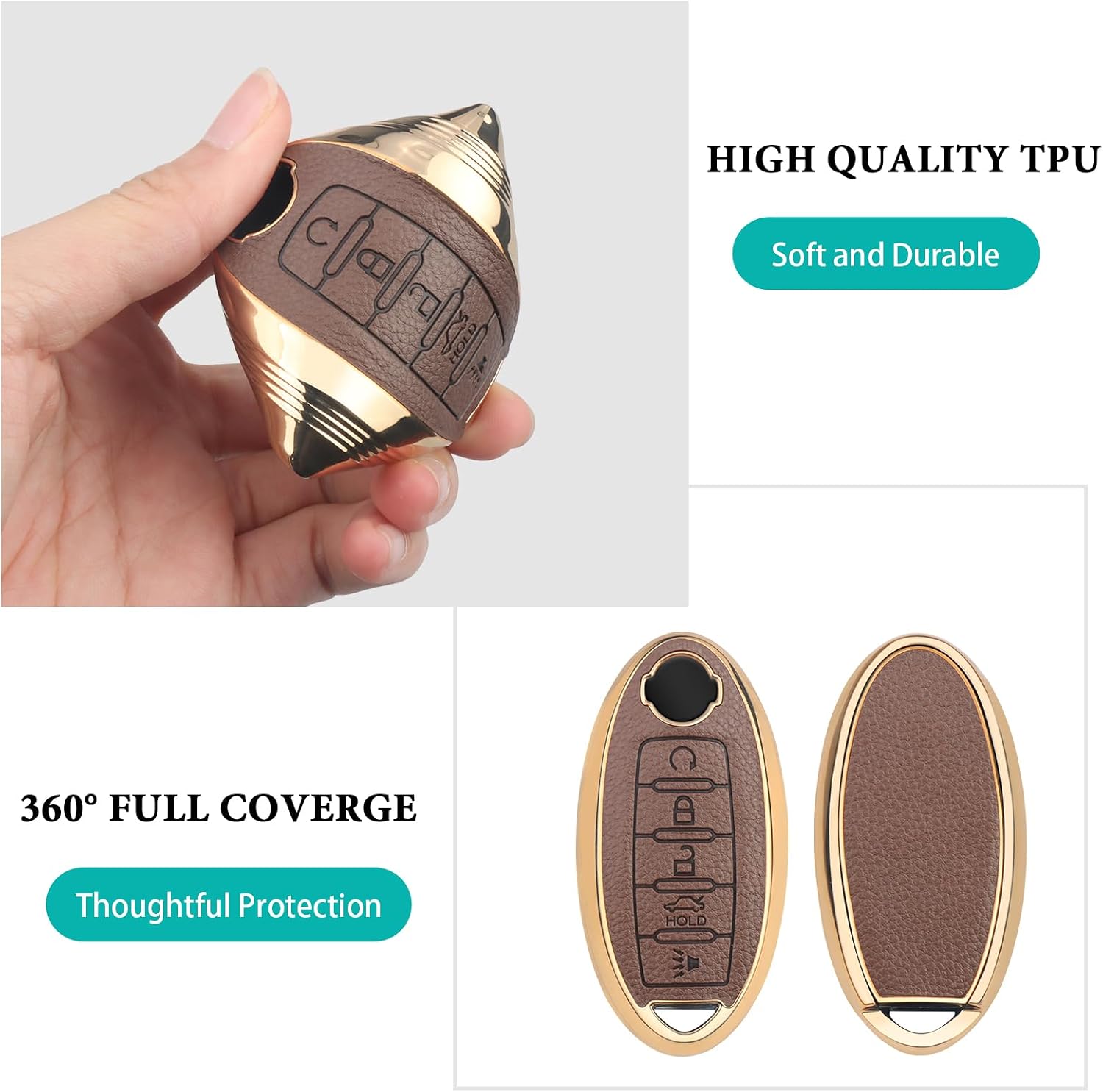 for Nissan Key Fob Cover with Key Chain, Upper Leather+TPU 360 Degree Protection Key Case fits for 2017-2021 Nissan Altima Maxima Rogue Murano Armada Infiniti Pathfinder Sentra (Brown, 5 Buttons)