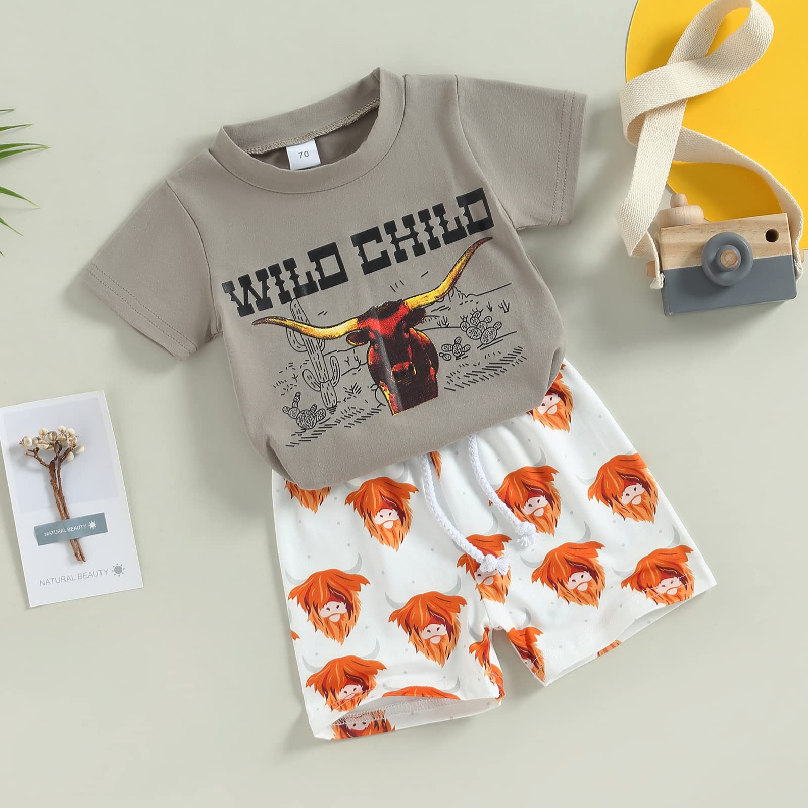 Western Baby Boy Outfit Short Sleeve Cow Print T-Shirt Top Casual Shorts Retro Boho Clothes Cowboy Summer Outfit (Light Brown,2-3T)
