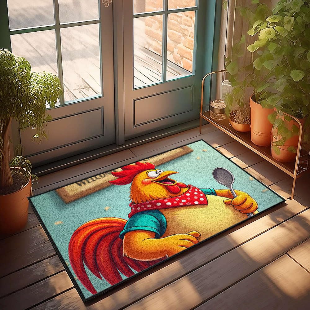 Tapis de porte d'entrée extérieur avec coq rigolo pour dynamiser la décoration de bar