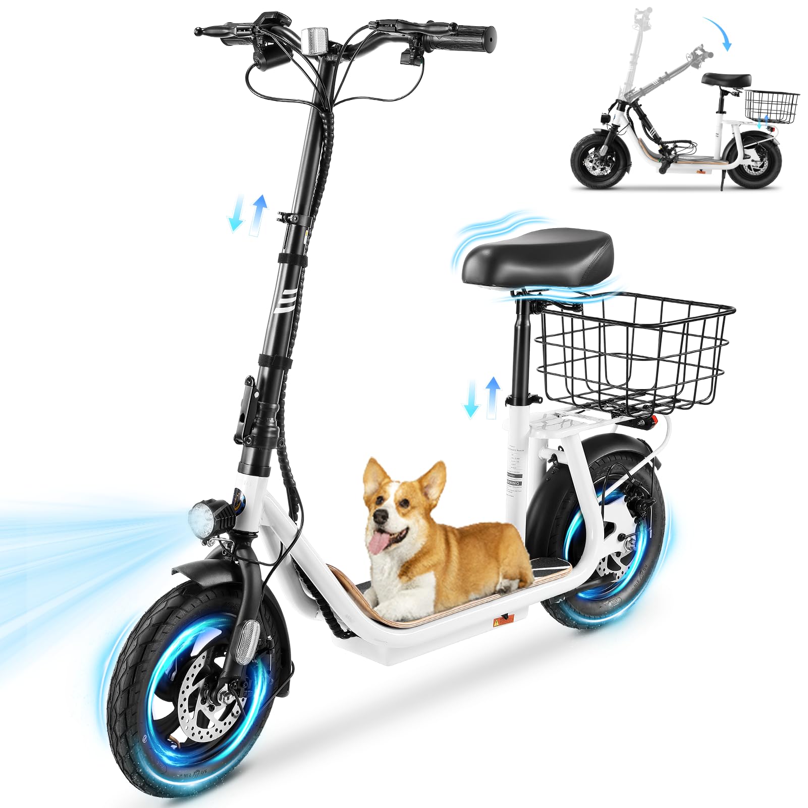 Caroma Peak 1200W/800W Electric Scooter with Seat, 30 Miles Max Range Electric Scooter Adults&Teens, 20MPH Top Speed Foldable Ebike, Adjustable E-Bike with Basket&Kid Seat, Commuter Escooter