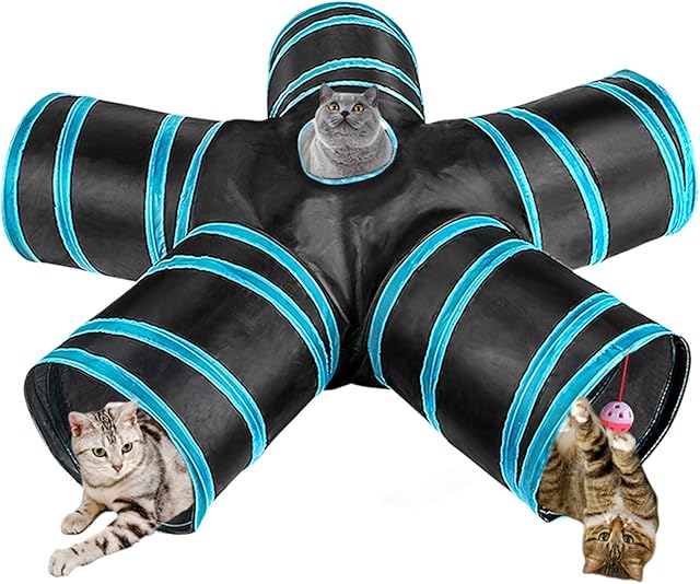 Cat Tunnel Interactive Cat Toys, 5-Way Cat Play Tube with Balls and Bells for Indoor Cat Kitten Puppy Rabbit Ferret Small Animal, Collapsible
