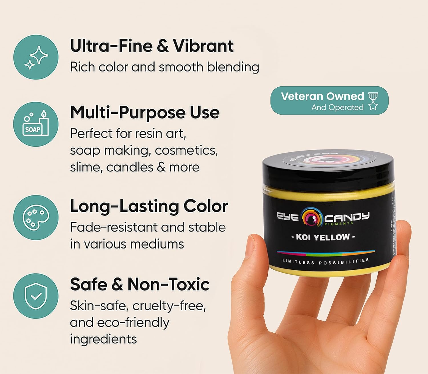 Eye Candy Pigments Premium Yellow Mica Powder - Koi Yellow (50gr) - for Epoxy, Resin, Soap, Paint, Woodworking, Acrylic Pouring, Bath Bombs, Fishing Lures - DIY Arts and Crafts Additive - Image 3