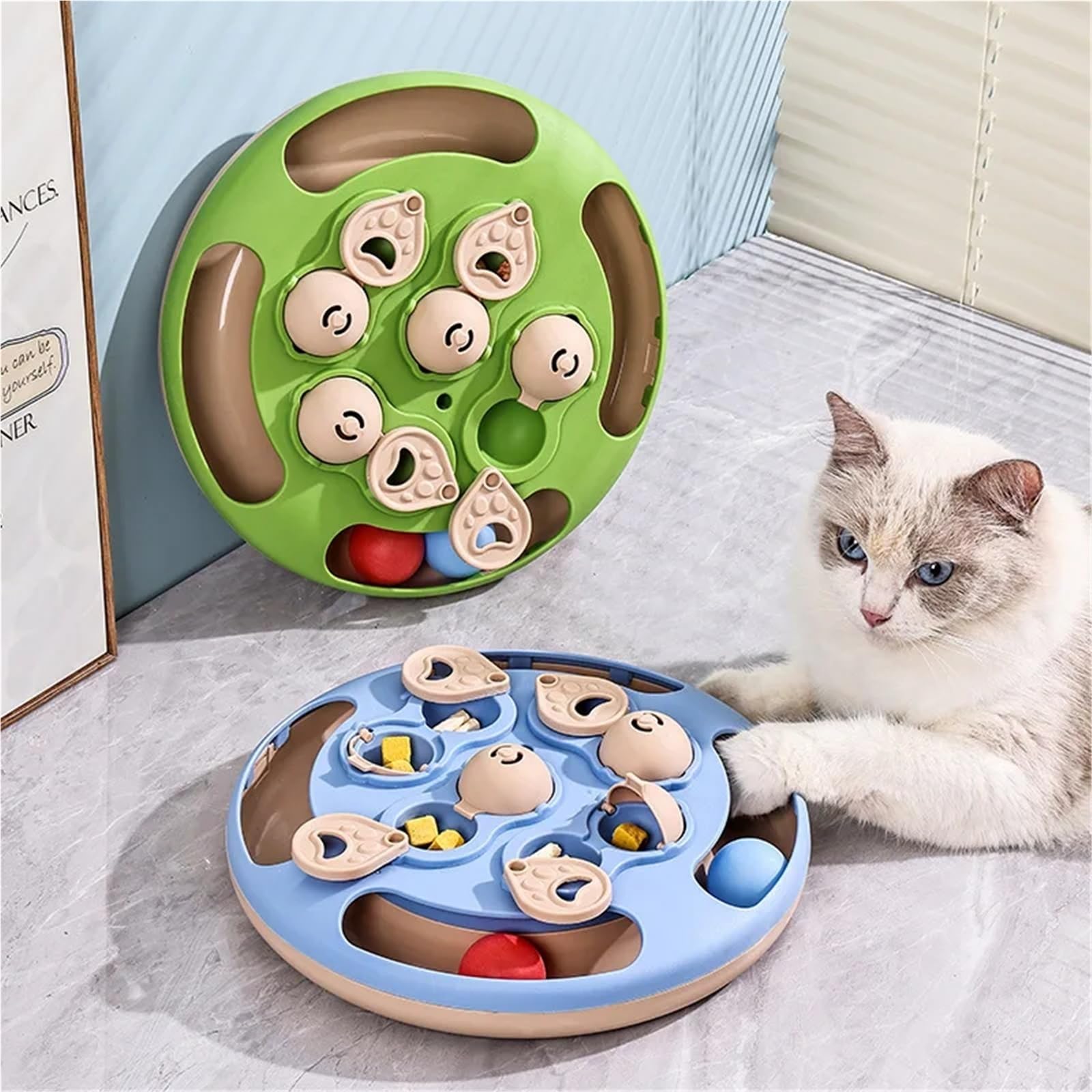 Giocattolo interattivo per gatti con mangiatoia lenta, dispenser interattivo di cibo per addestramento e gioco dei gatti (quadrato blu)