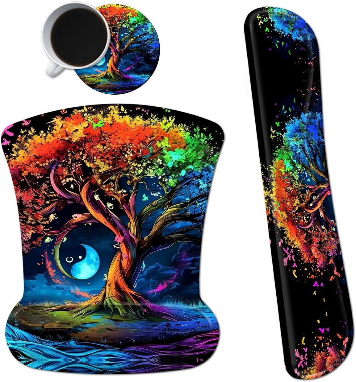Ergonomic Mouse Pad with Wrist Support Gel Mouse Pads and Upgrade Keyboard Wrist Rest Pad Set, Coasters Non-Slip PU Base Mouse Mat for Office Gaming Computer Laptop Home, Colored Trees