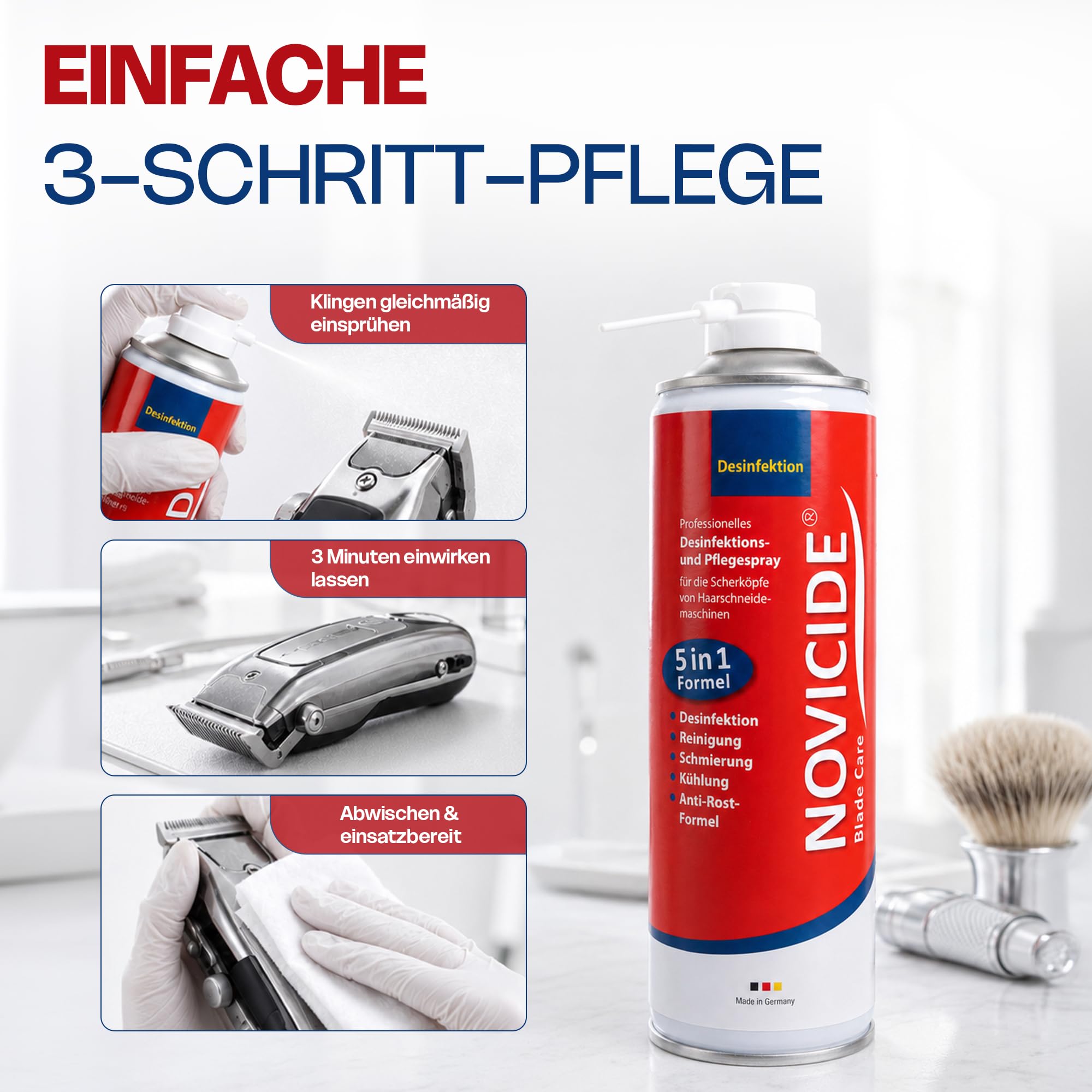 Blade Care Spray 5in1 2x500ml Desinfektion Haarschneidemaschine | Desinfiziert nach EU-Hygienestandard gegen Viren, Bakterien & Pilze. Nur 3 Min. Einwirkzeit - kein klebriger Ölfilm danach.