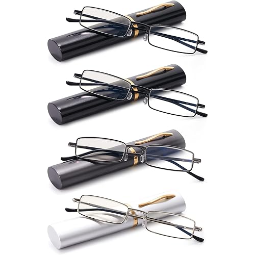 4PACK Reading Glasses Slim Pocket Readers Anti Blue Light with Portable Case for Men Women
