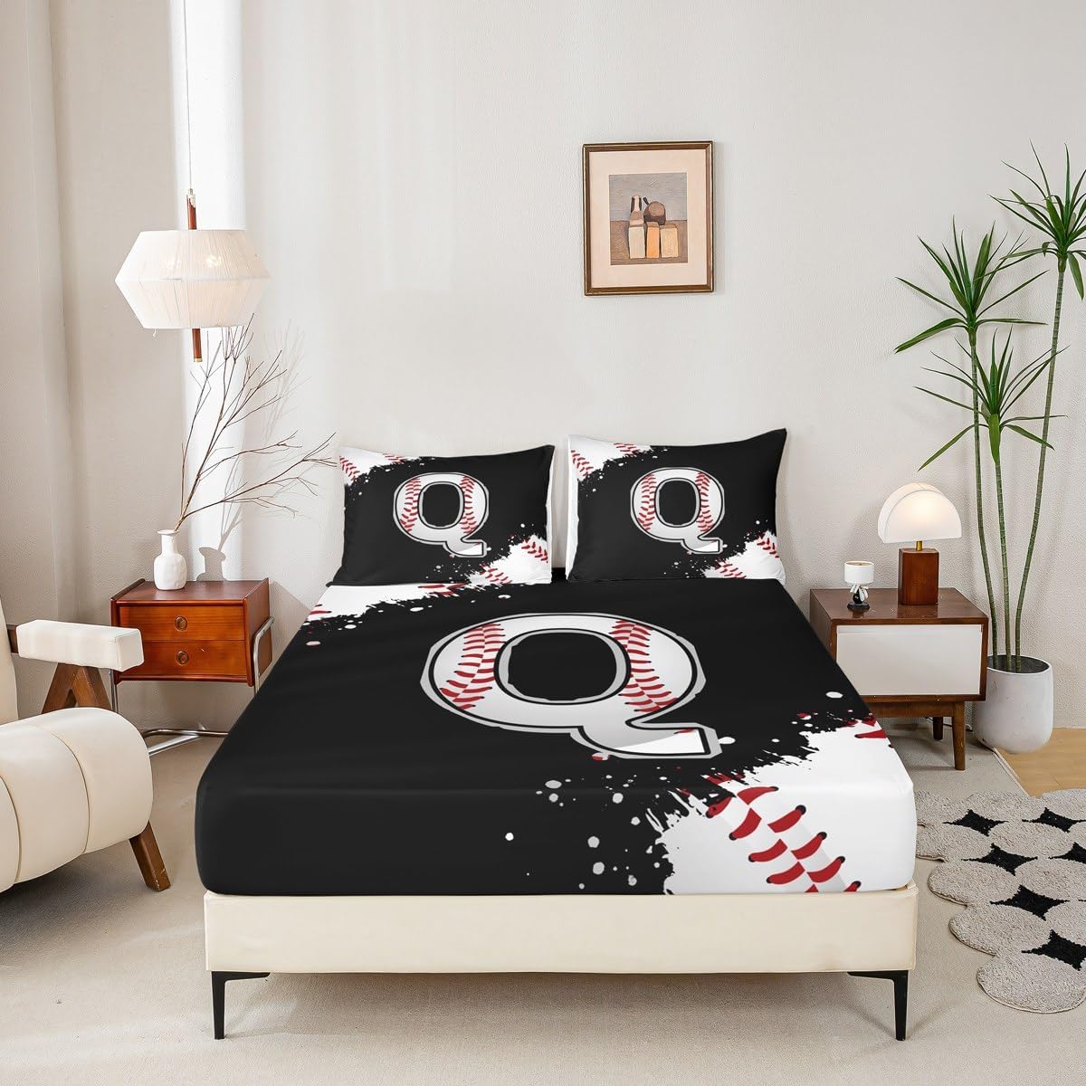 Initial Letter Q Chic Fashion Full Size Fitted Sheet No Top Sheet,Ball Sports Games Competition 3 Pieces Kids Teenager Room Decor Baseball Pocket 2 Pillowcases