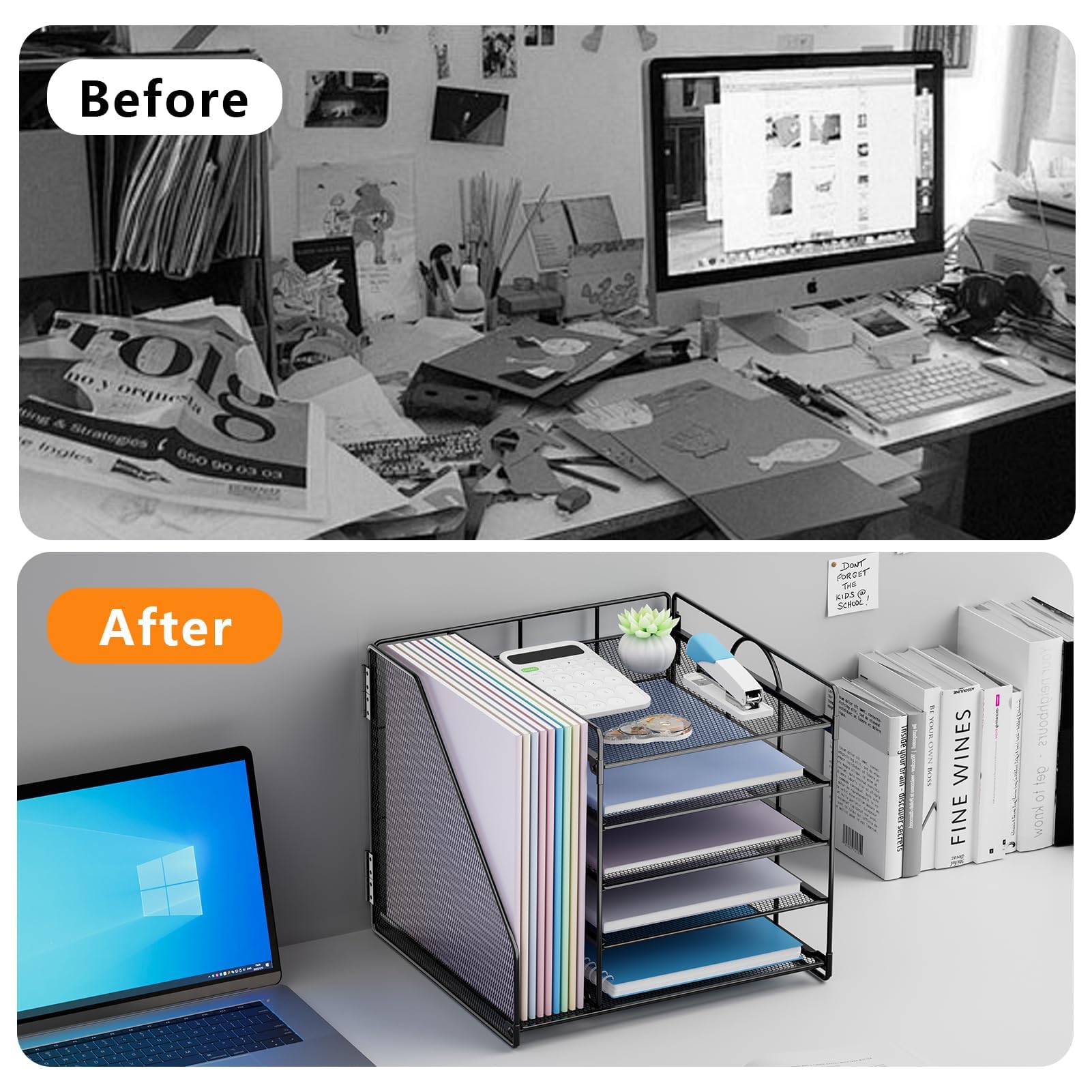 Schreibtisch Organizer mit Aktenhalter, 5-stöckiges Papier Briefkasten Organizer, Desktop Organizer und Aufbewahrung, Mesh Schreibtisch Organizer und Zubehör für Bürobedarf zu Hause,Schwarz
