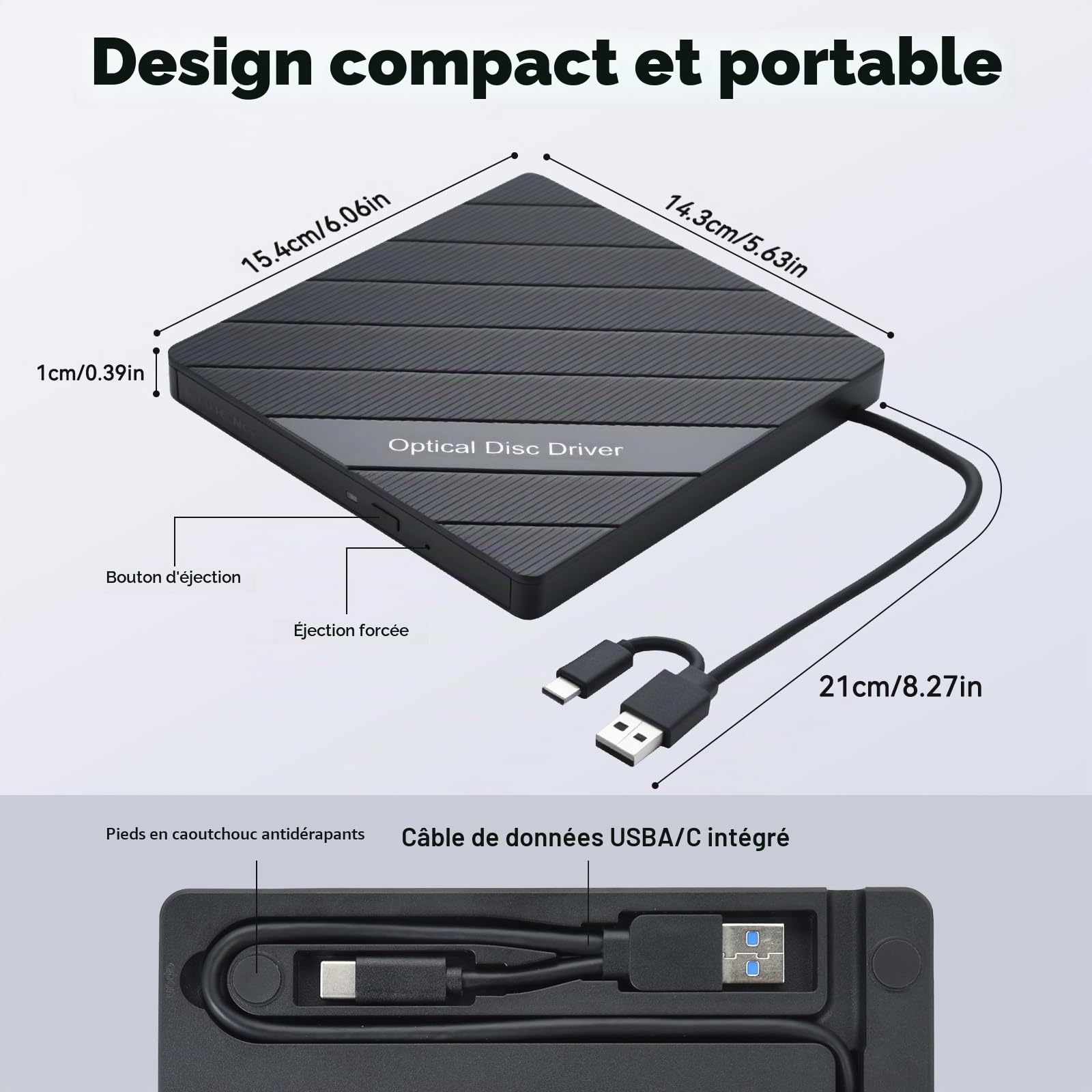 ELUTENG Lecteur/Graveur CD/DVD Externe USB 3.0 Type-C avec Câble USB-C 0.6m, Portable Graveur/Lecteur CD/DVD Portable +/-RW pour Laptop PC MacBook Windows 11/10/8/7 Mac OS