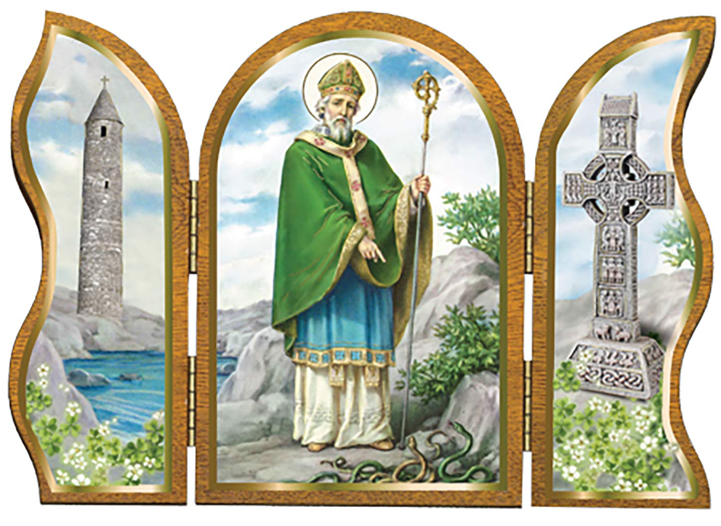 Pavally® Saint ST PATRICK WOODEN TRIPTYCH PLAQUE 13.5cm / 5.3" Ireland Catholic Religious Gift