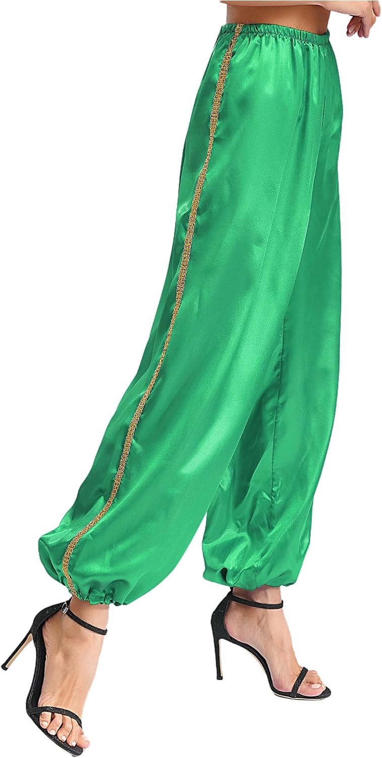 TiaoBug Women's Satin Silky Pants Arabian Princess Belly Dance Pants Loose Fit Lace Trim Costumes