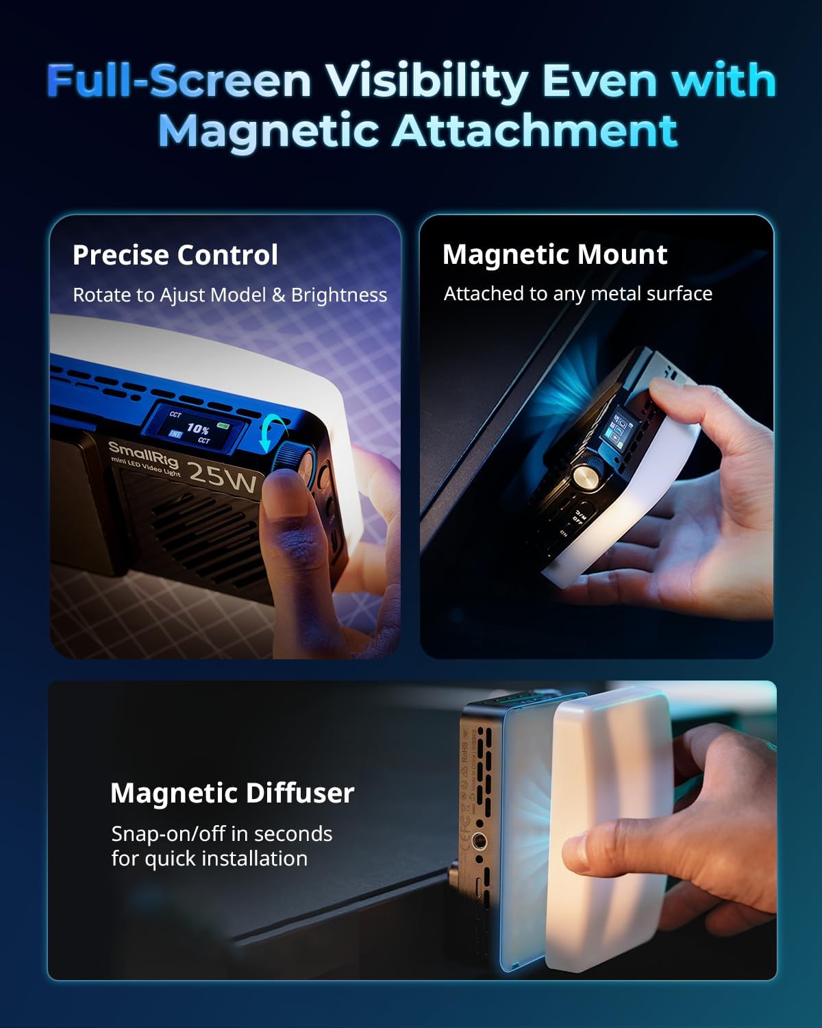 Lampă video mini LED RGB SmallRig RM 25C care prezintă butonul de control și afișajul LCD