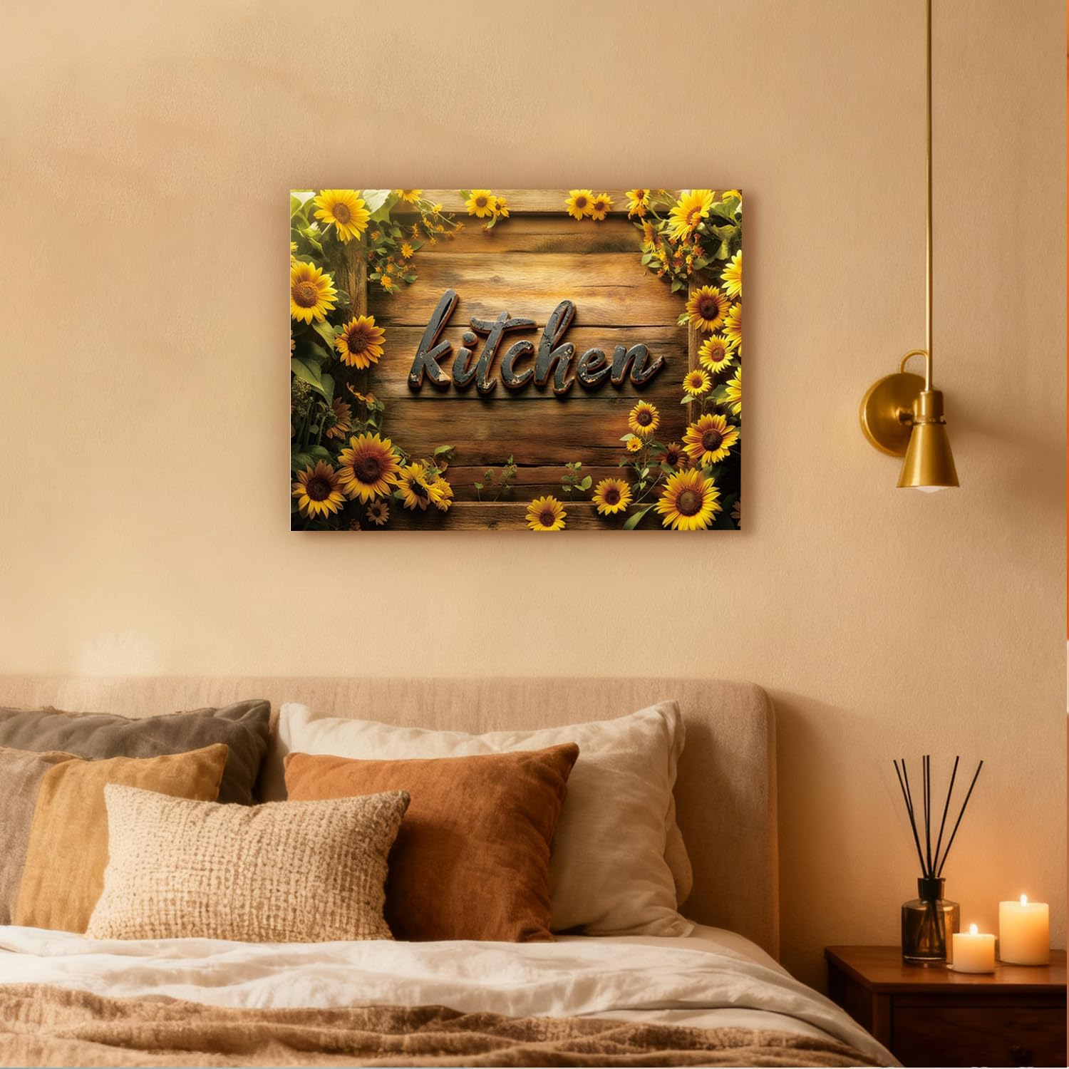 Farmhouse Sunflower Kitchen Wall Art Vintage Yellow Floral Picture for Dinner Room Brown Wood Background Country Flower Painting Prints Artwork Family Kitchen Bar Restaurant Home Decoration 12x16"