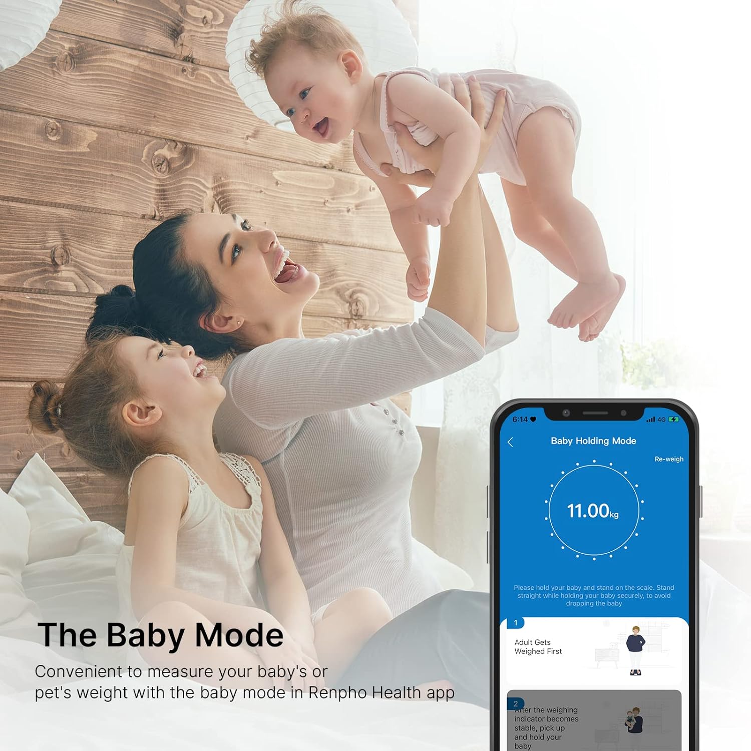 Mother holding a baby while standing on the scale, with the Renpho Health app showing 'Baby Holding Mode'